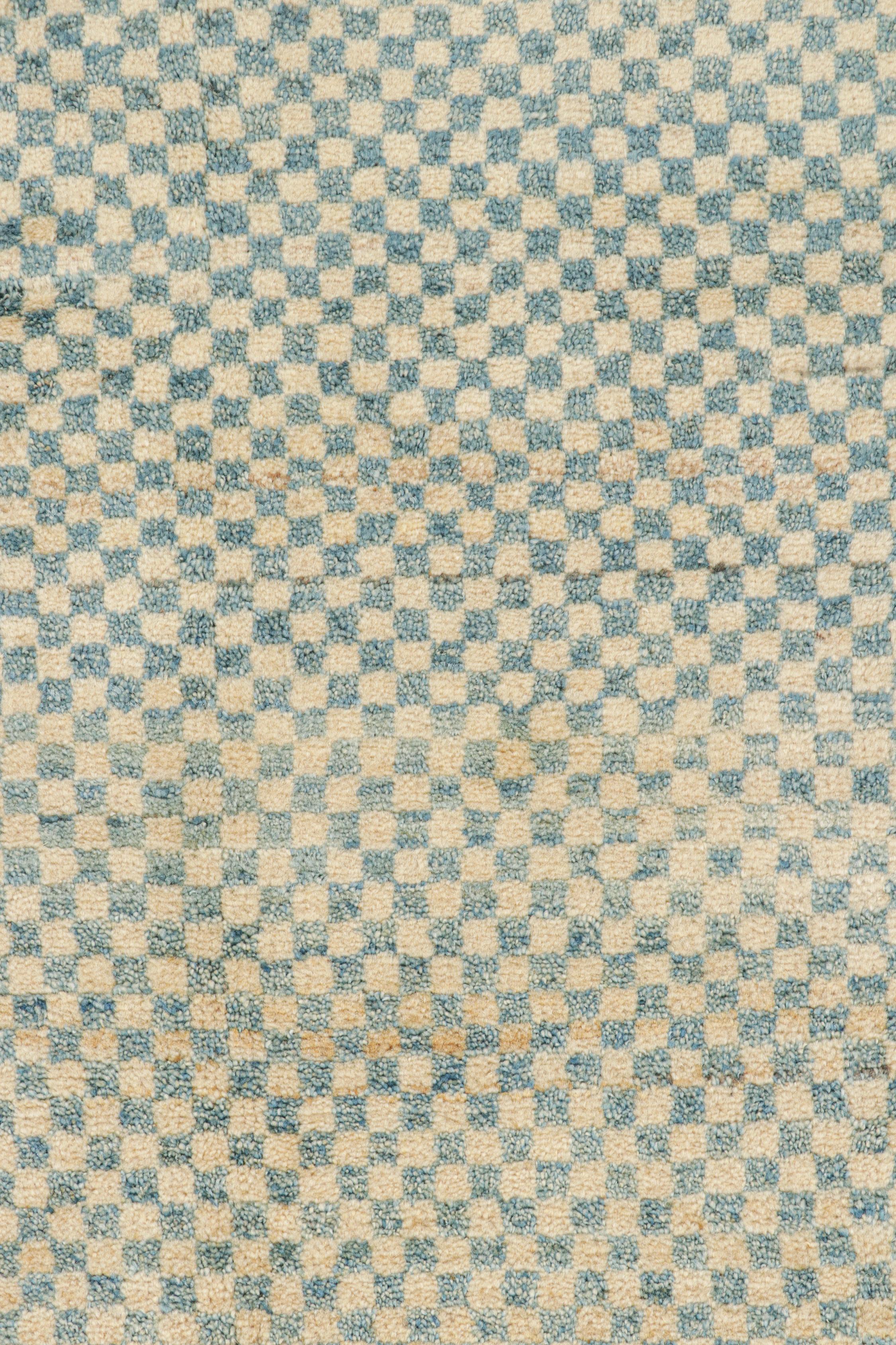 Contemporary Rug & Kilim’s Persian Gabbeh-Style Rug with Beige and Blue Geometric Pattern For Sale
