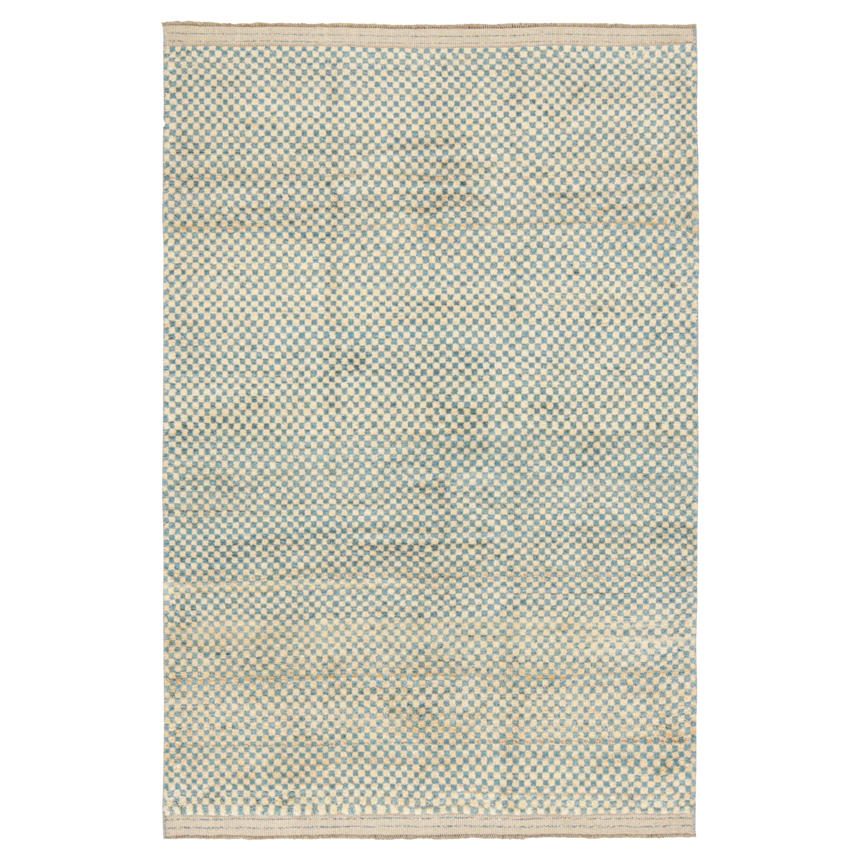 Rug & Kilim’s Persian Gabbeh-Style Rug with Beige and Blue Geometric Pattern For Sale