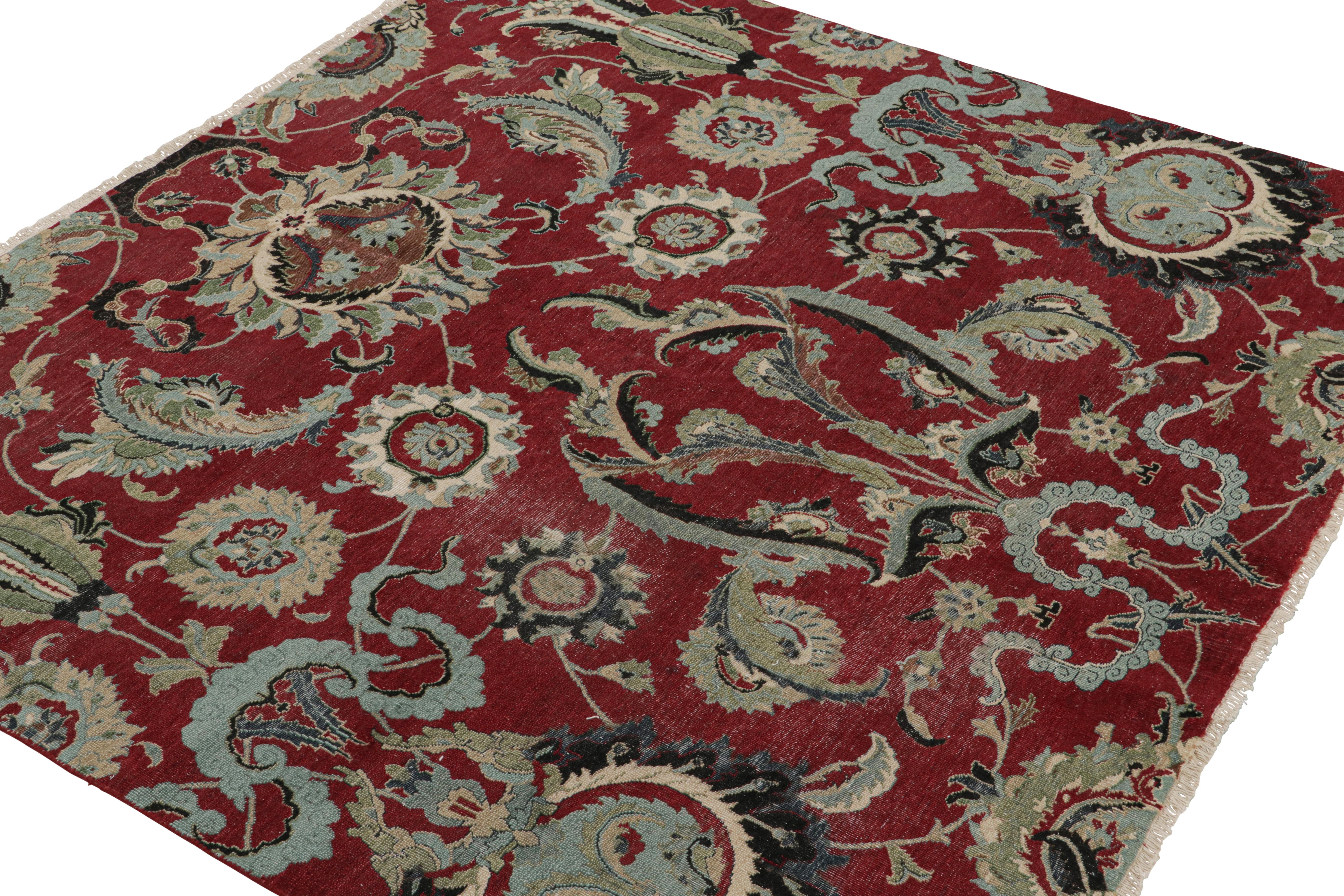 Indian Rug & Kilim’s Persian Isfahan Style Square Rug in Burgundy with Floral Patterns For Sale