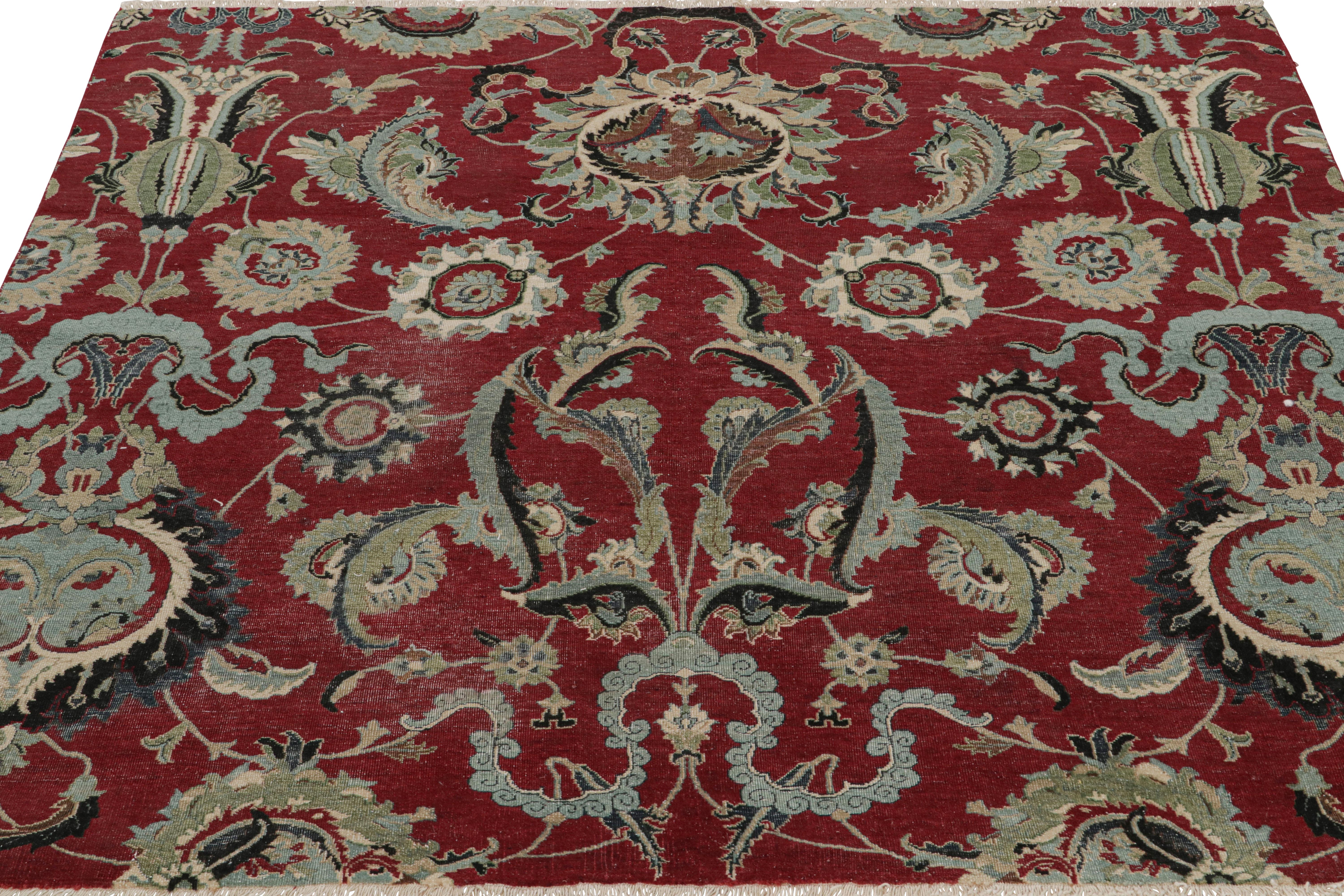 Hand-Knotted Rug & Kilim’s Persian Isfahan Style Square Rug in Burgundy with Floral Patterns For Sale