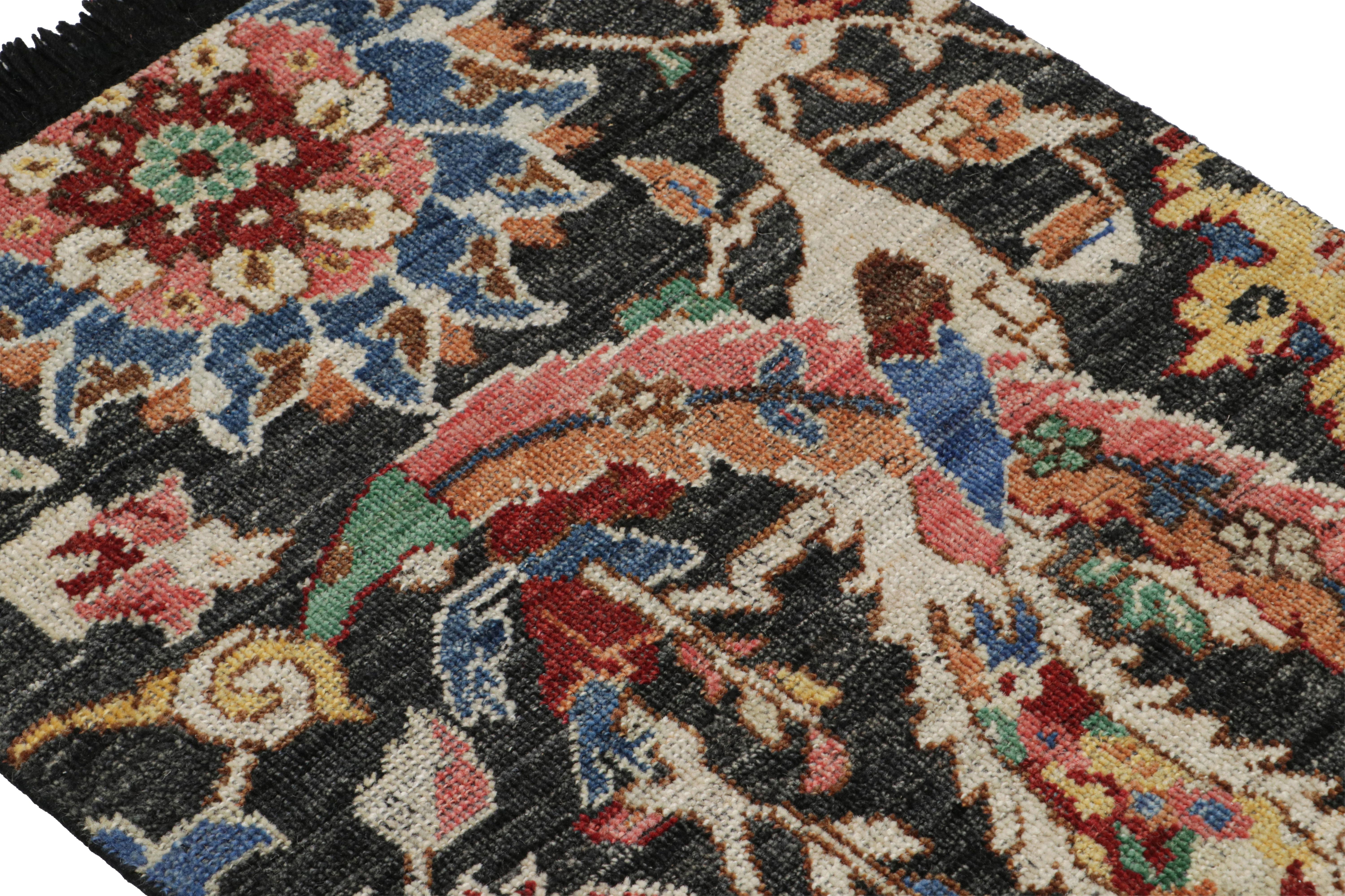 Indian Rug & Kilim’s Persian Kerman Style Rug in Black with Vibrant Floral Patterns  For Sale
