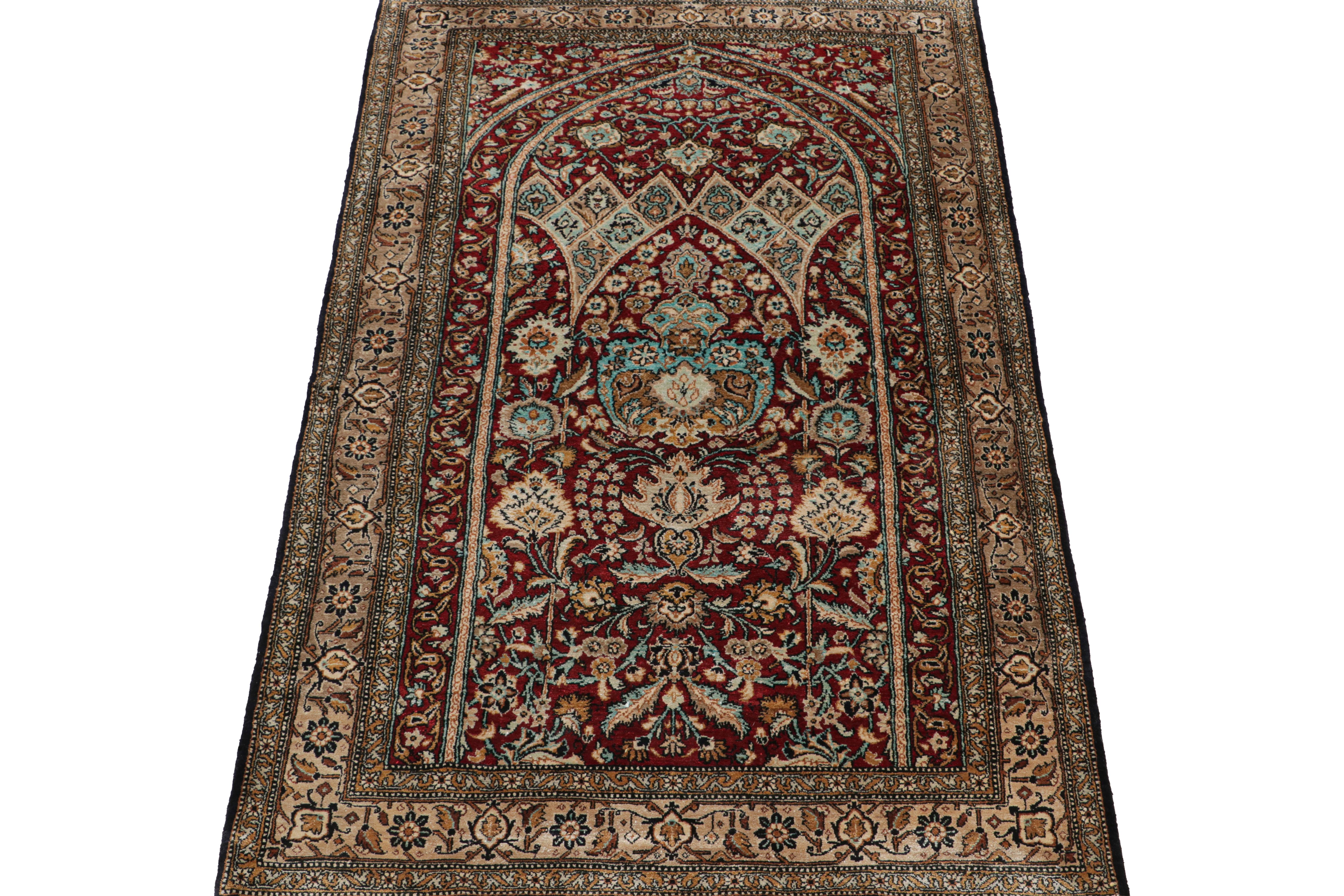 Hand-knotted in silk circa 1920-1930, this 3×4 antique Persian rug is a rare piece of Qum provenance—an exciting new curation from Rug & Kilim.

On the Design:

A rich red field and beige-brown border underscore the most regal floral patterns,