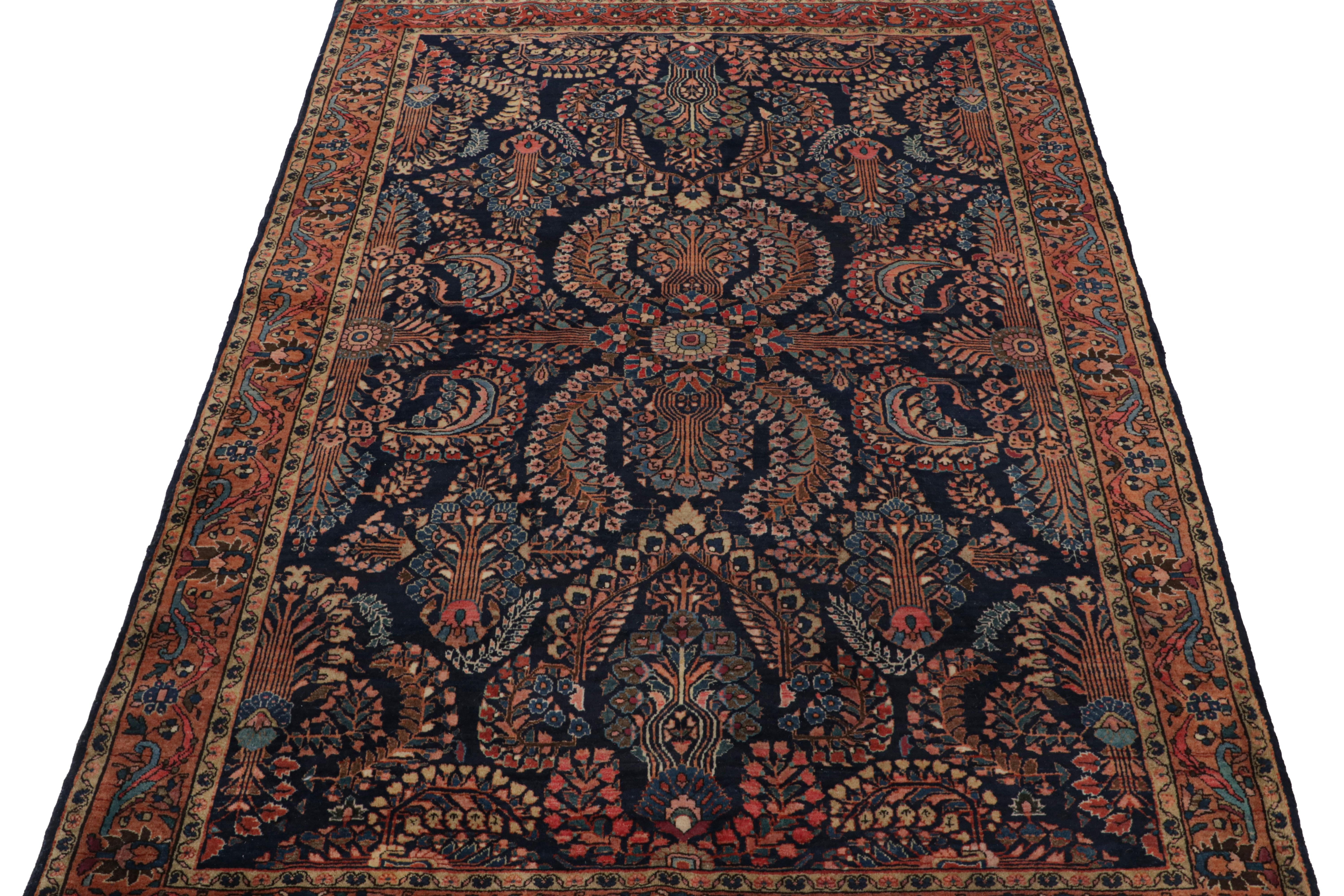 Modern Rug & Kilim’s Persian Sarouk Farahan Style Rug in Navy Blue with Floral Patterns For Sale