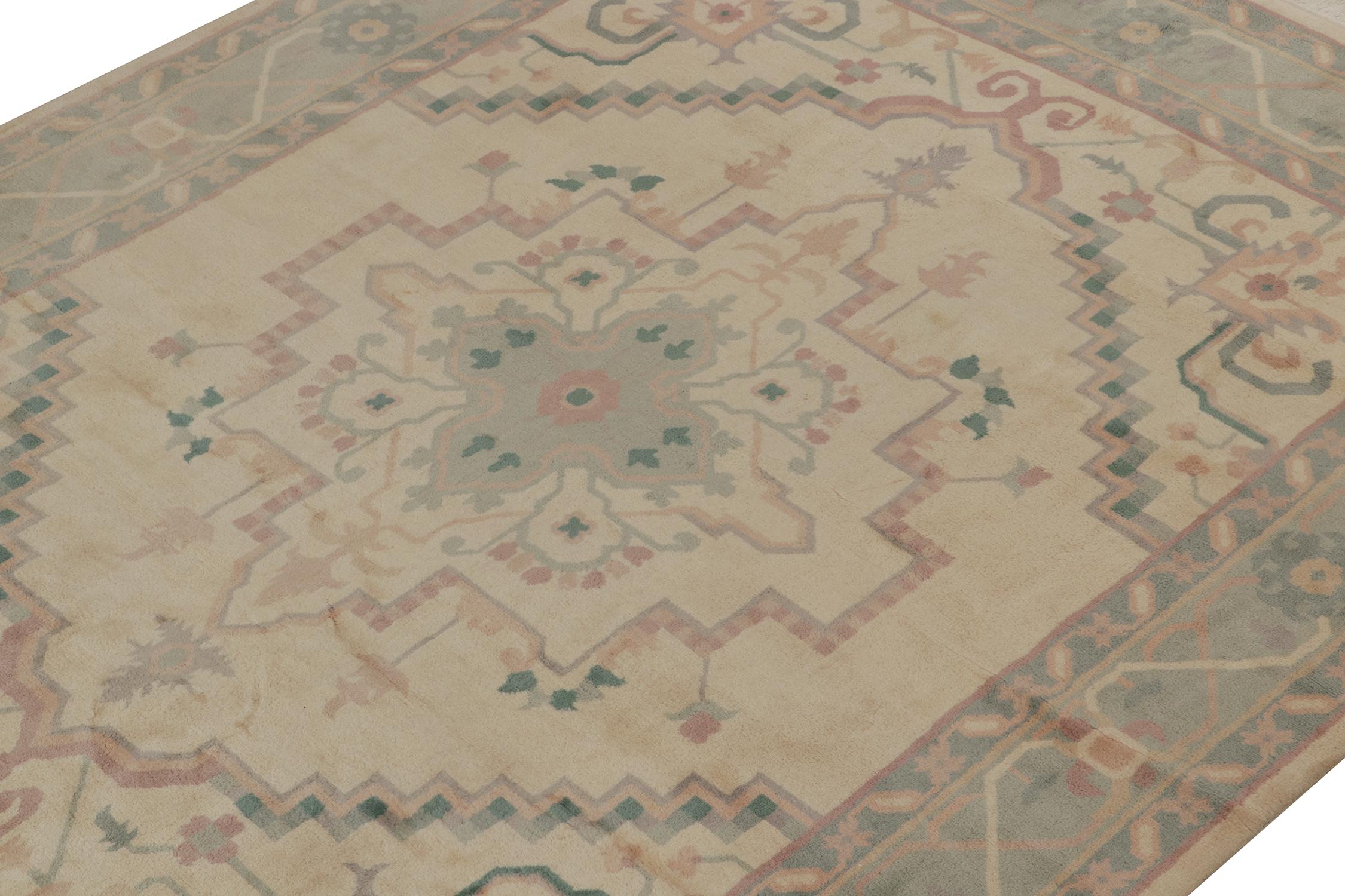 Hand-Knotted Rug & Kilim’s Persian Serapi Style Rug in Beige with Blue Medallion Pattern For Sale
