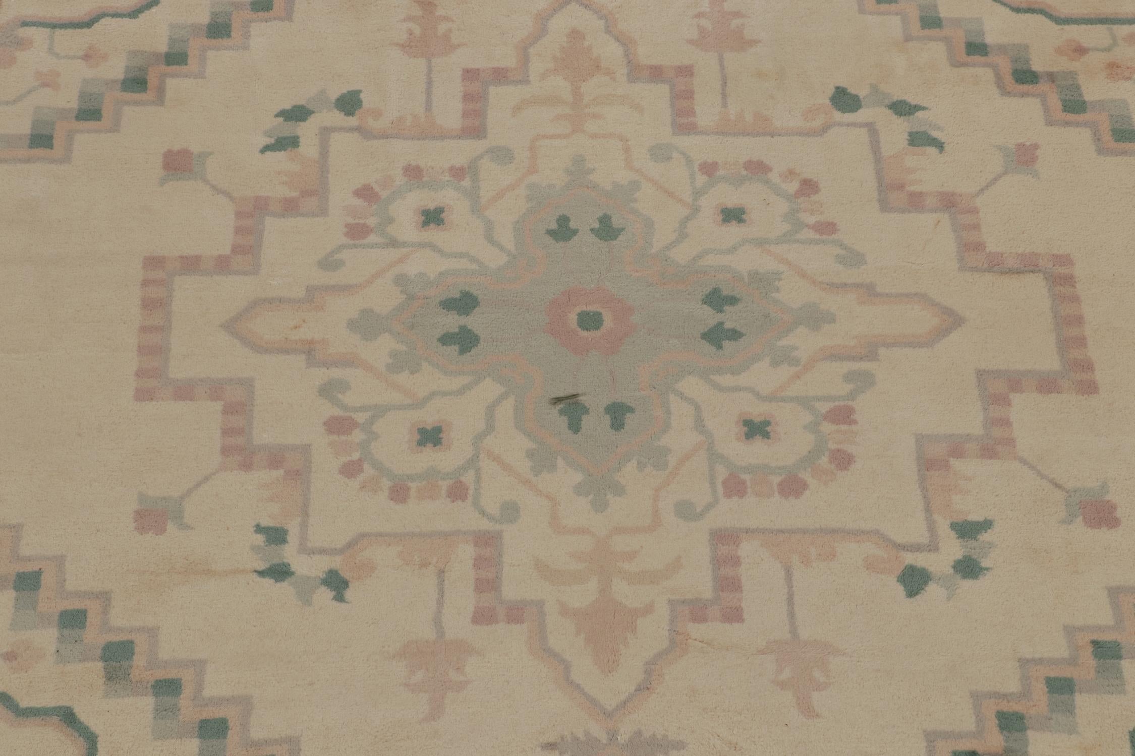Contemporary Rug & Kilim’s Persian Serapi Style Rug in Beige with Blue Medallion Pattern For Sale