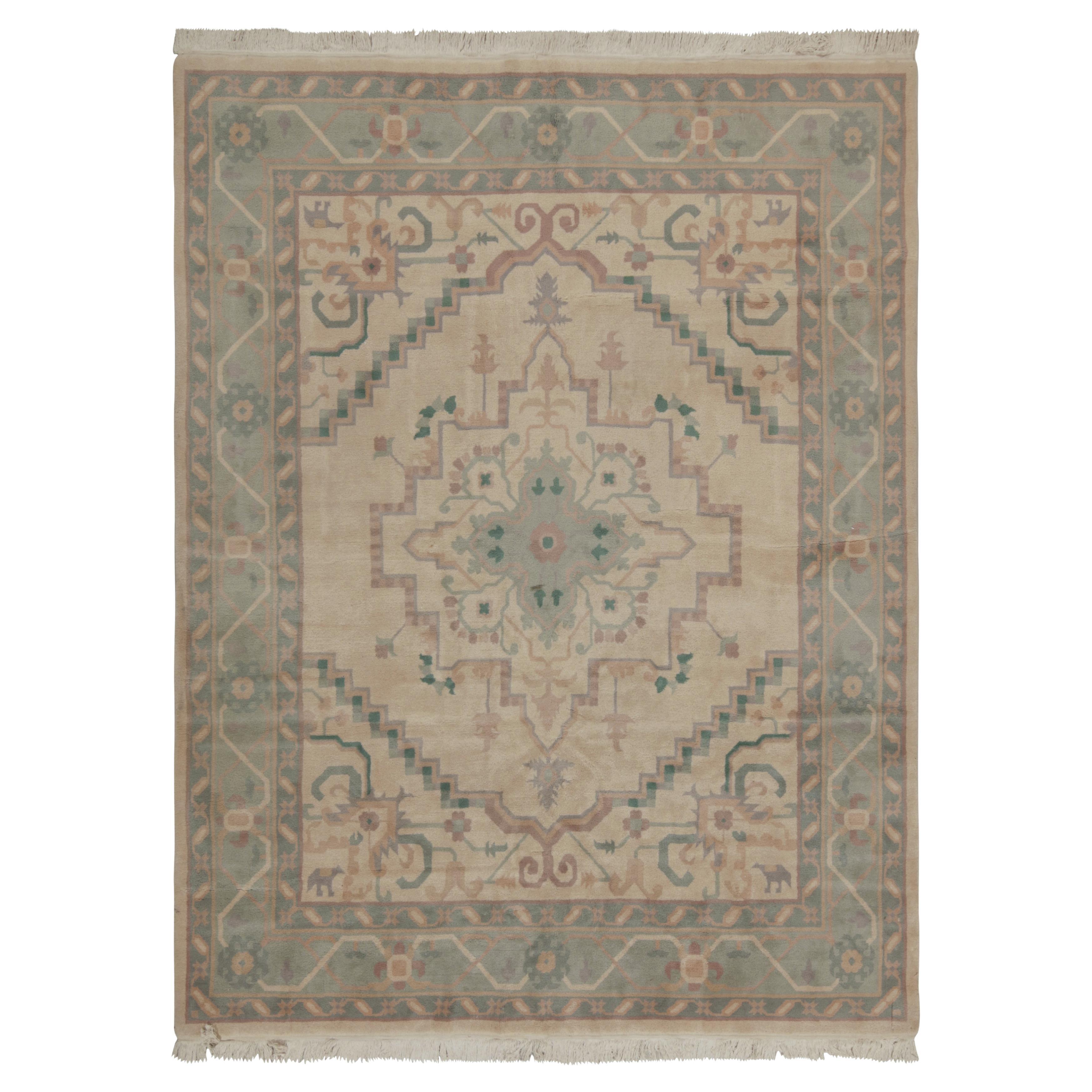 Rug & Kilim’s Persian Serapi Style Rug in Beige with Blue Medallion Pattern For Sale