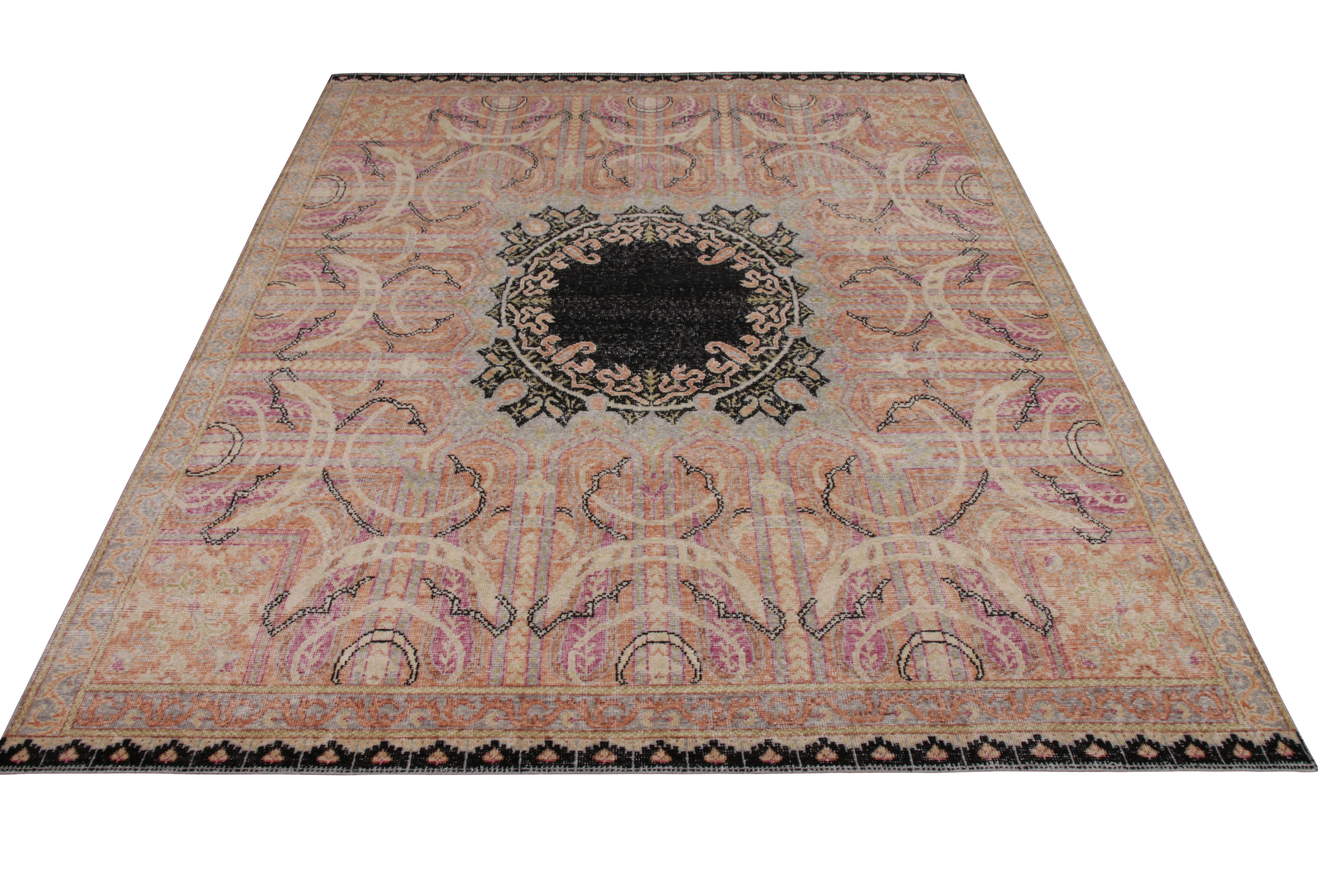 Inspired from a Persian shawl design in pink and black, joining the Homage Collection by Rug & Kilim. Hand knotted in wool, this 8 x 10 exemplifies a marriage of this collection’s distressed texture with an elegant floral medallion style. An