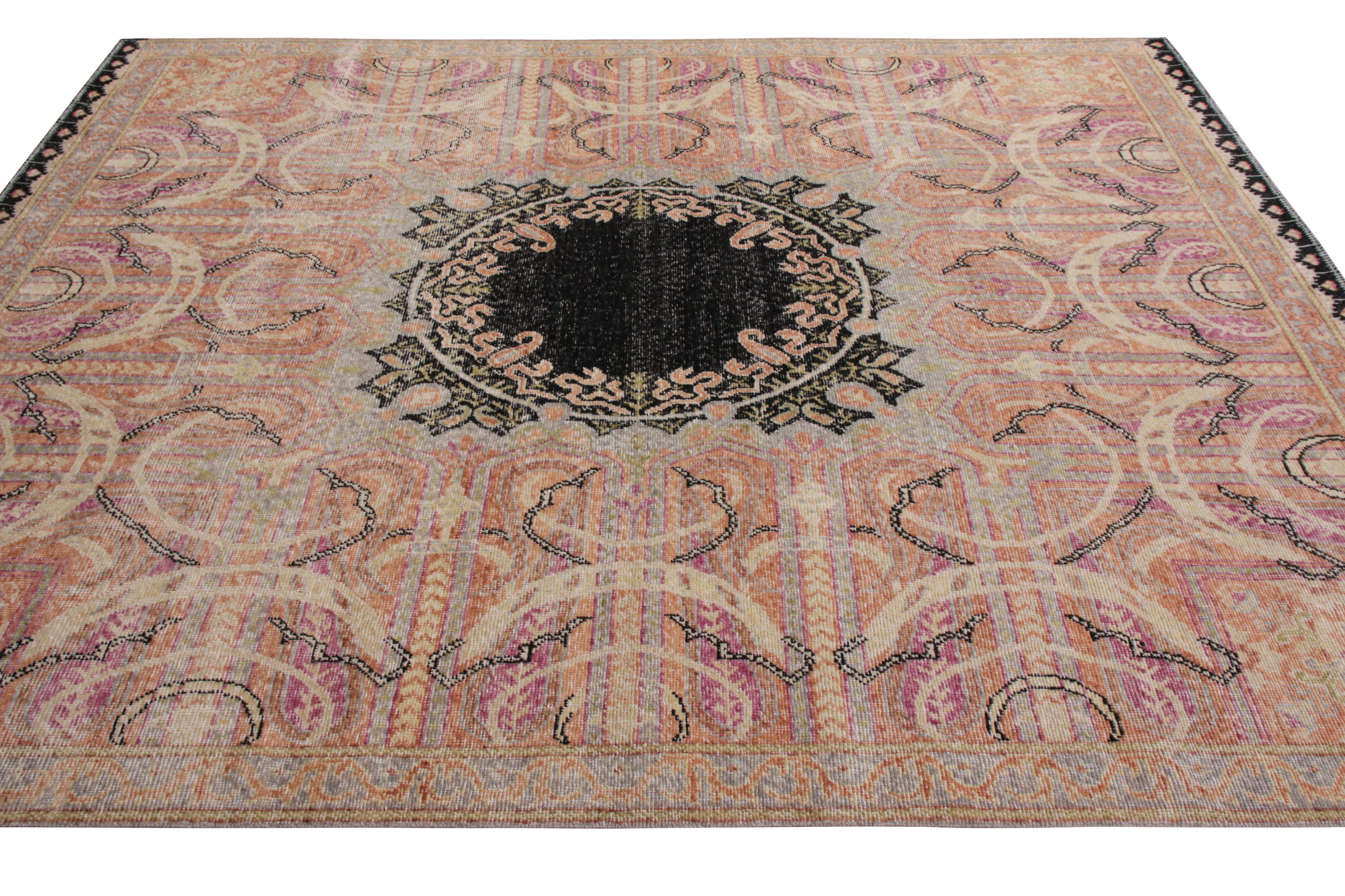 Art Deco Rug & Kilim’s Persian Style Distressed Rug in Pink with Black Medallion Pattern