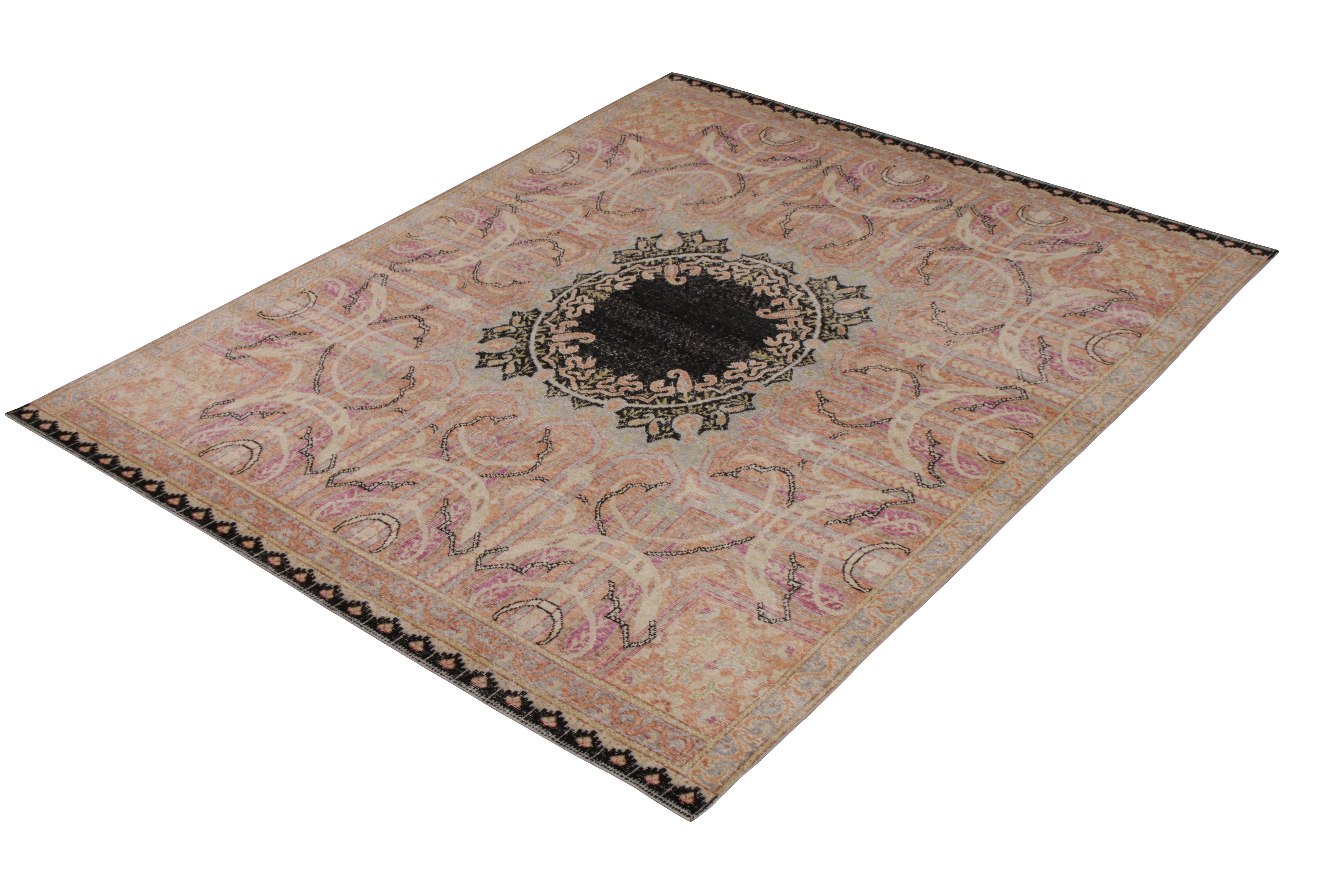 Indian Rug & Kilim’s Persian Style Distressed Rug in Pink with Black Medallion Pattern