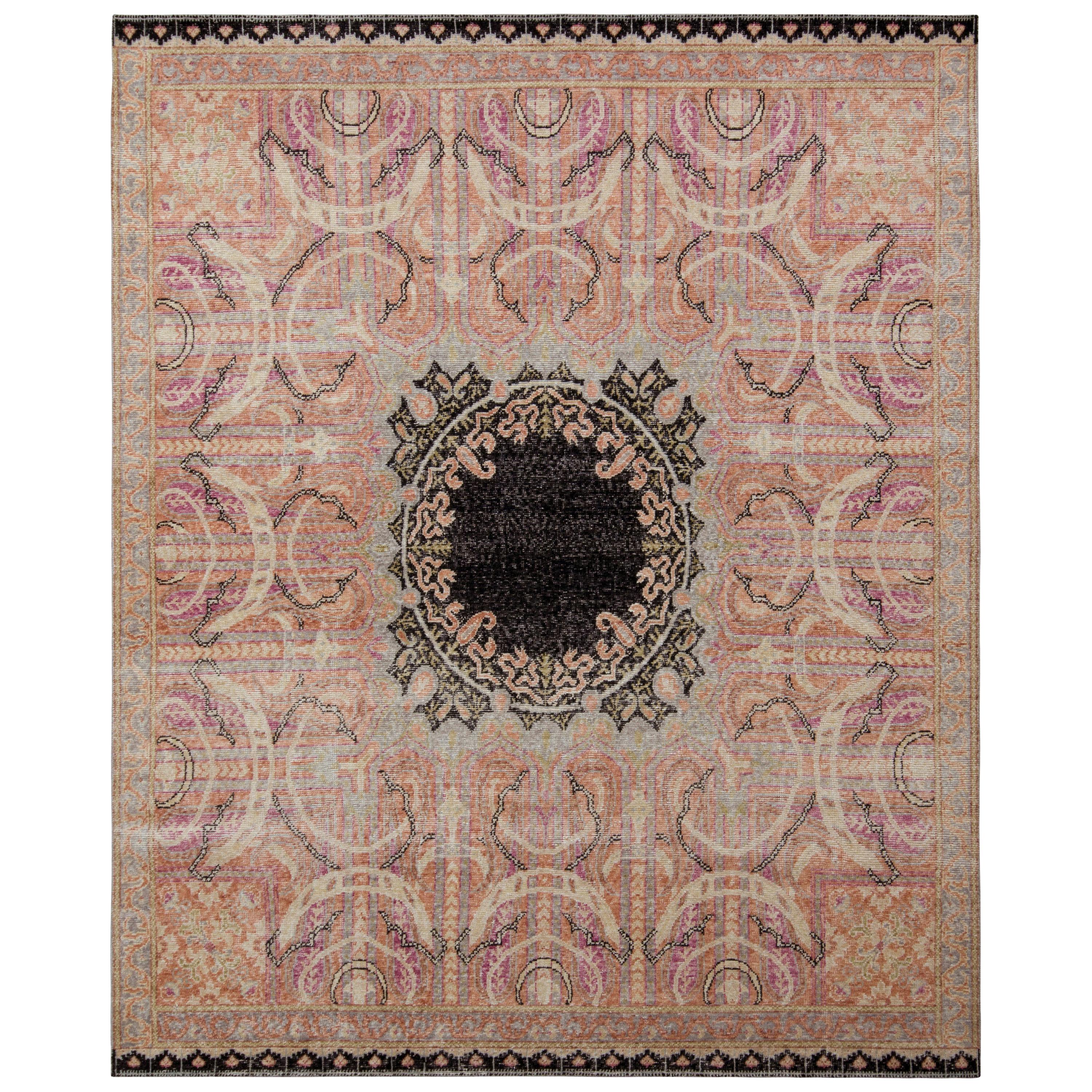 Rug & Kilim’s Persian Style Distressed Rug in Pink with Black Medallion Pattern