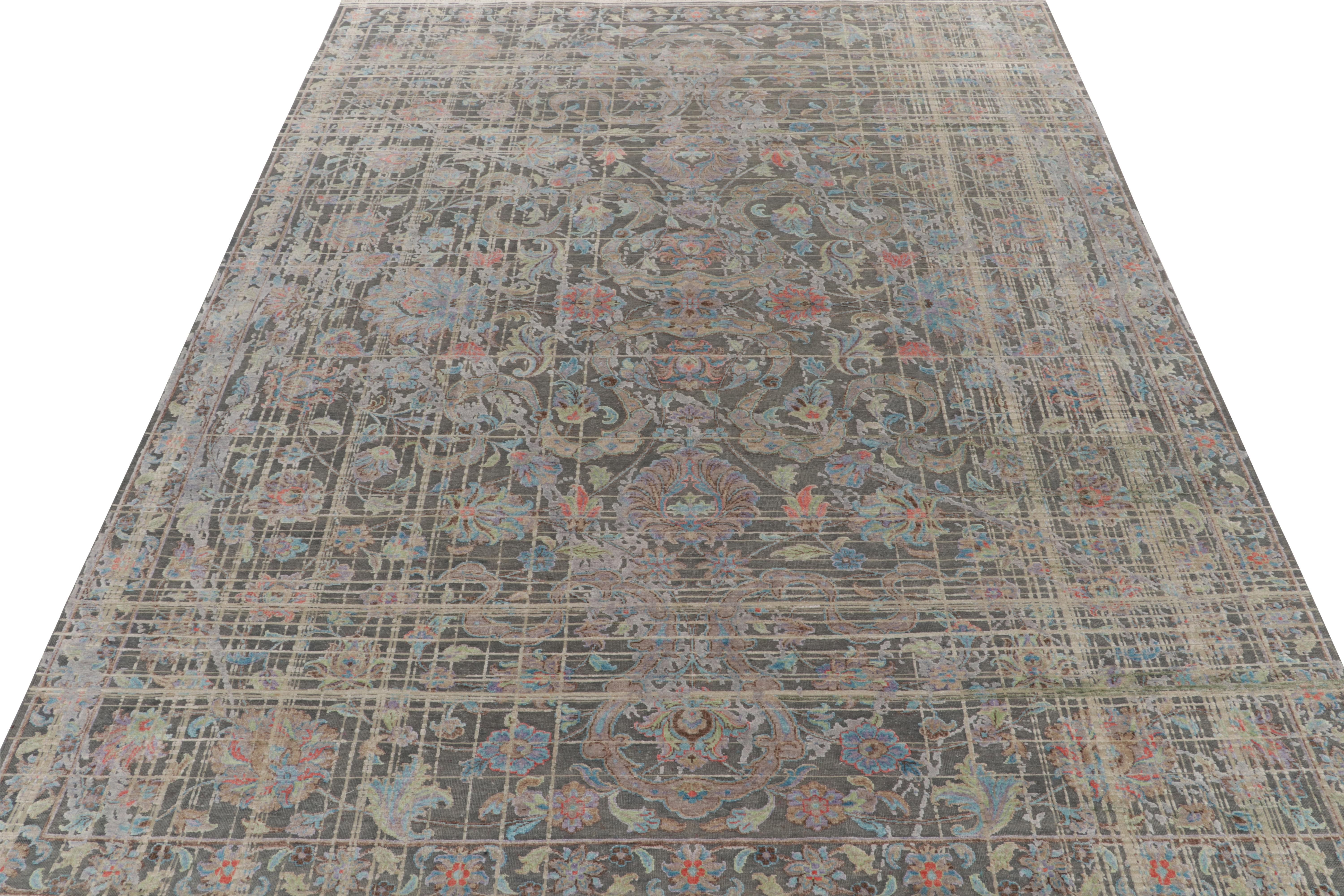 Indian Rug & Kilim’s Persian Style Modern Rug in Gray with Polychrome Floral Patterns For Sale
