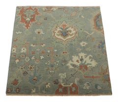 Rug & Kilim’s Persian Style Oushak Square Rug in Blue with Floral Patterns