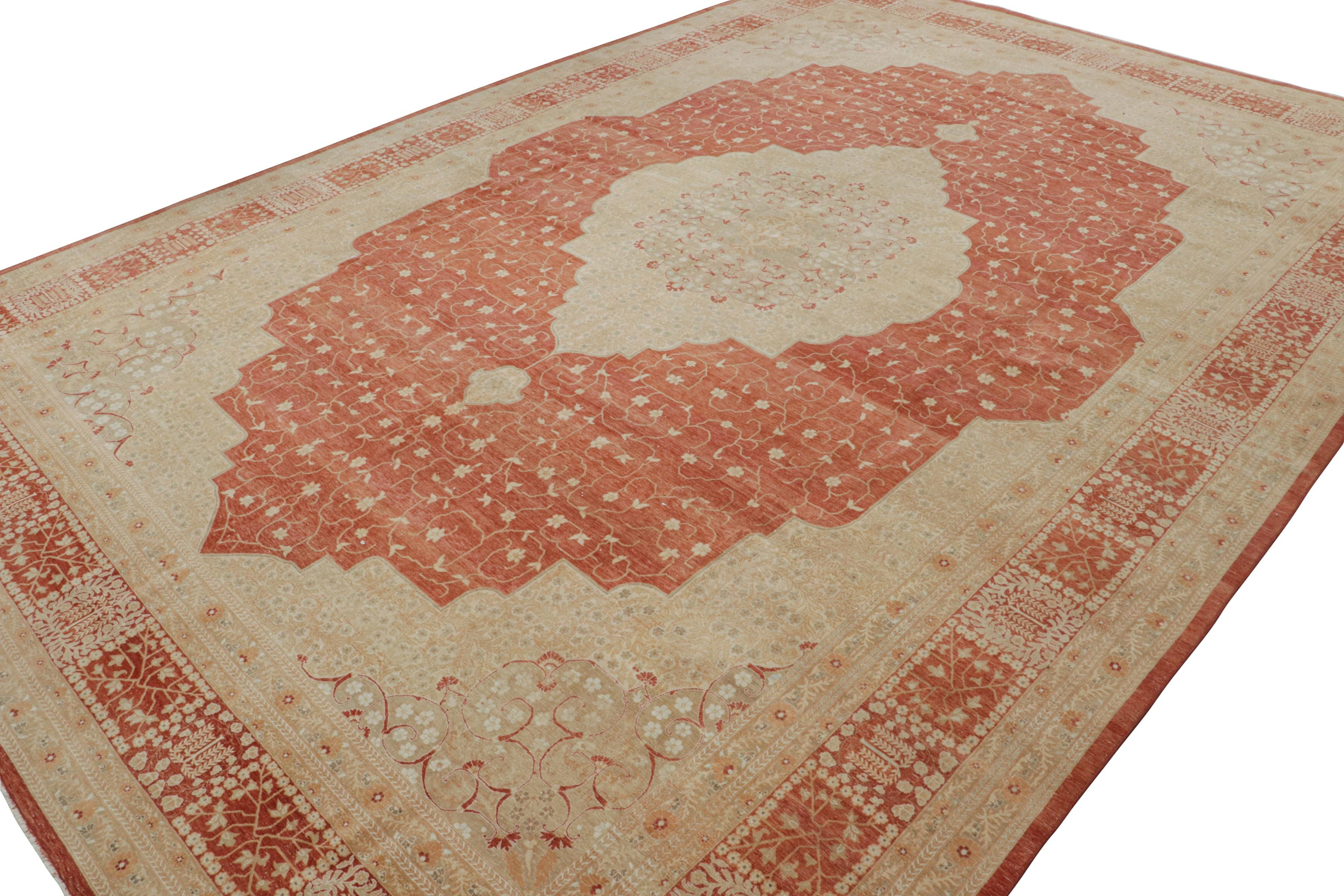 Hand-knotted in wool, this 12x17 oversized rug has been inspired by Persian Tabriz rugs. It is an homage to the regal masterpieces of one of history’s most revered weavers, Hadji Jalili. 

On the Design: 

Featuring beige medallion and intricate