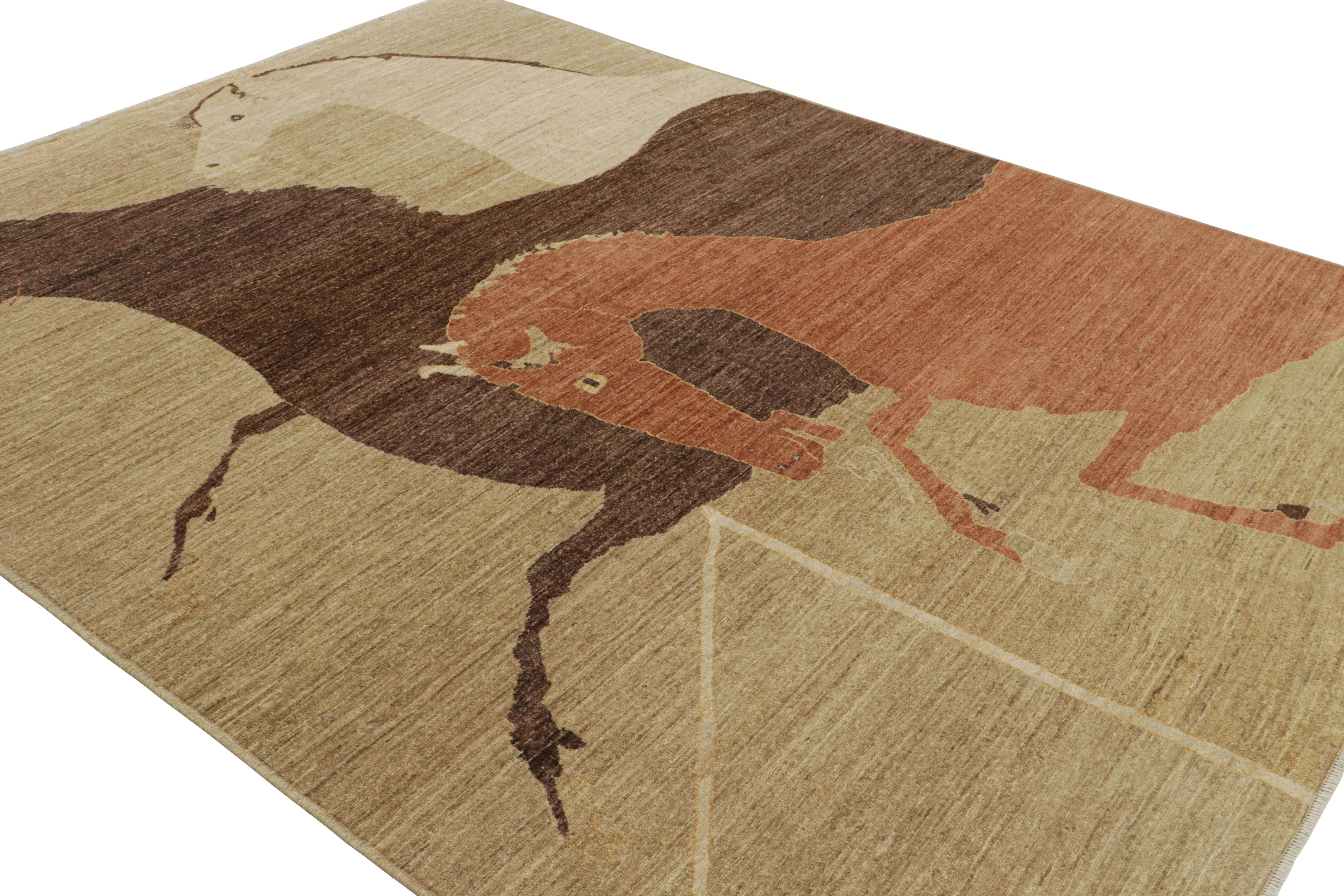 This new addition to Rug & Kilim’s Modern Classics collection is a 8x10 pictorial rug—a contemporary resurrection of one of the most collectible primitivist styles. 

On the Design: 

This piece depicting horses in a gallop is inspired by Gabbeh