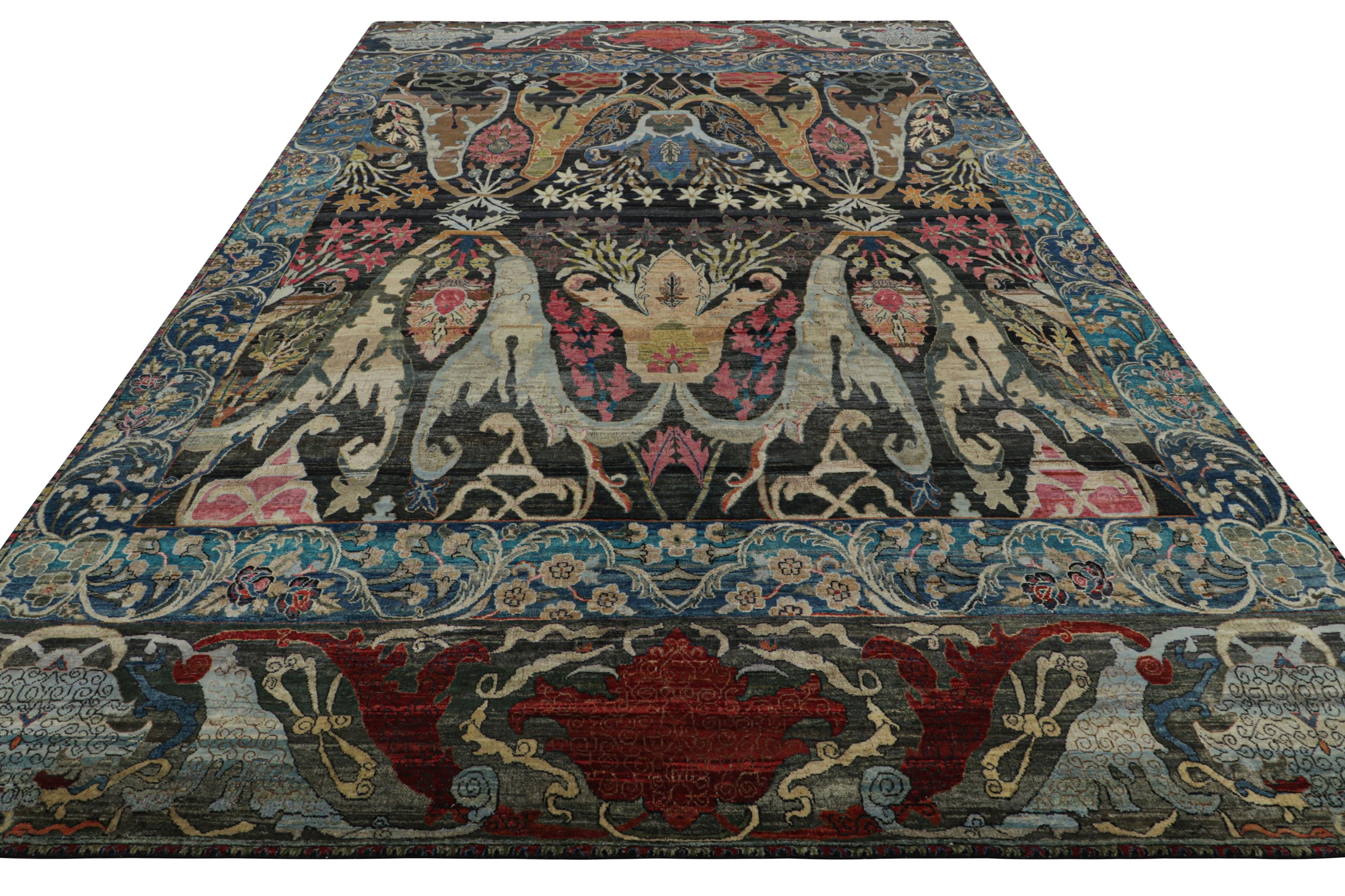 Rug & Kilim's Teppich im persischen Stil in Schwarz und Blau, polychromatische Blumenmuster (Handgeknüpft) im Angebot