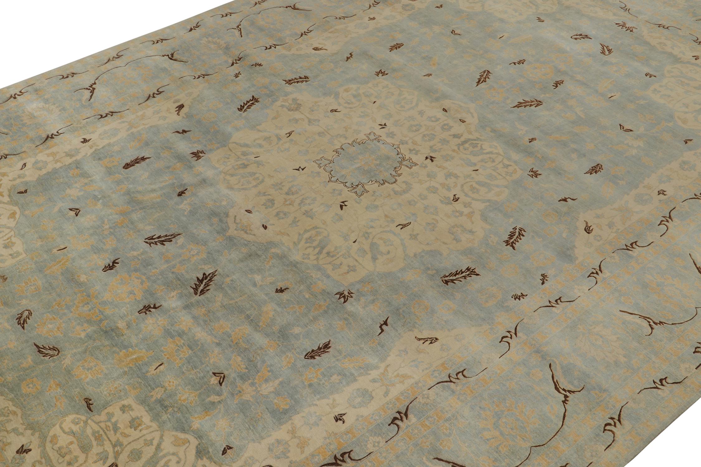 Indian Rug & Kilim’s Persian Style Rug in Blue, Beige-Brown and Gold Floral Pattern For Sale