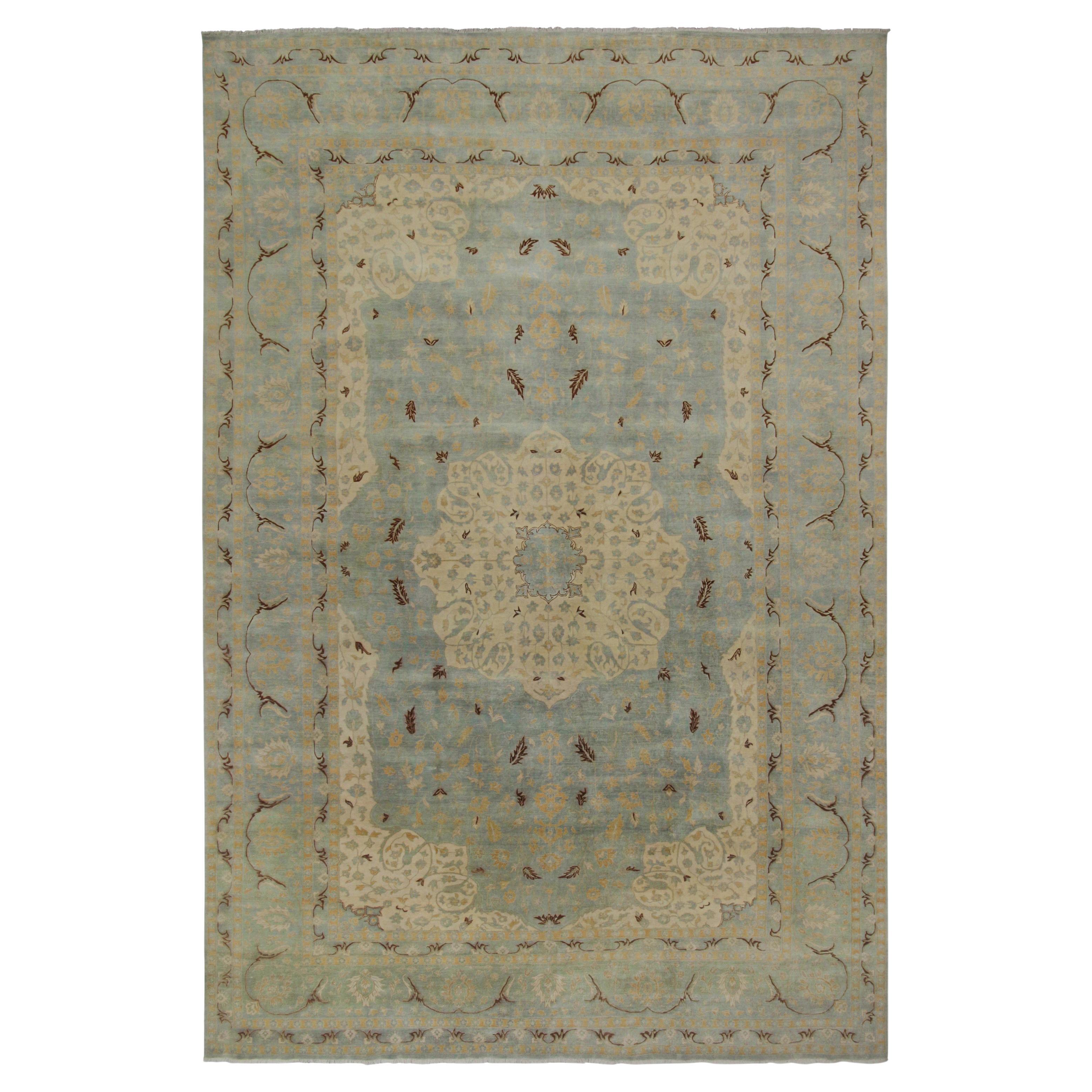 Rug & Kilim’s Persian Style Rug in Blue, Beige-Brown and Gold Floral Pattern For Sale