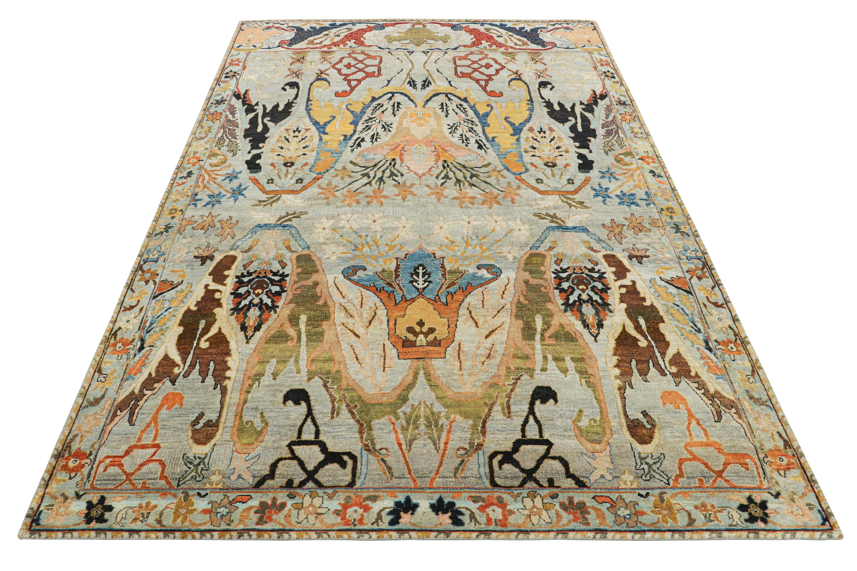 Rug & Kilim’s Persian Style Rug in Gray and Blue, Polychromatic Floral Patterns (Handgeknüpft) im Angebot