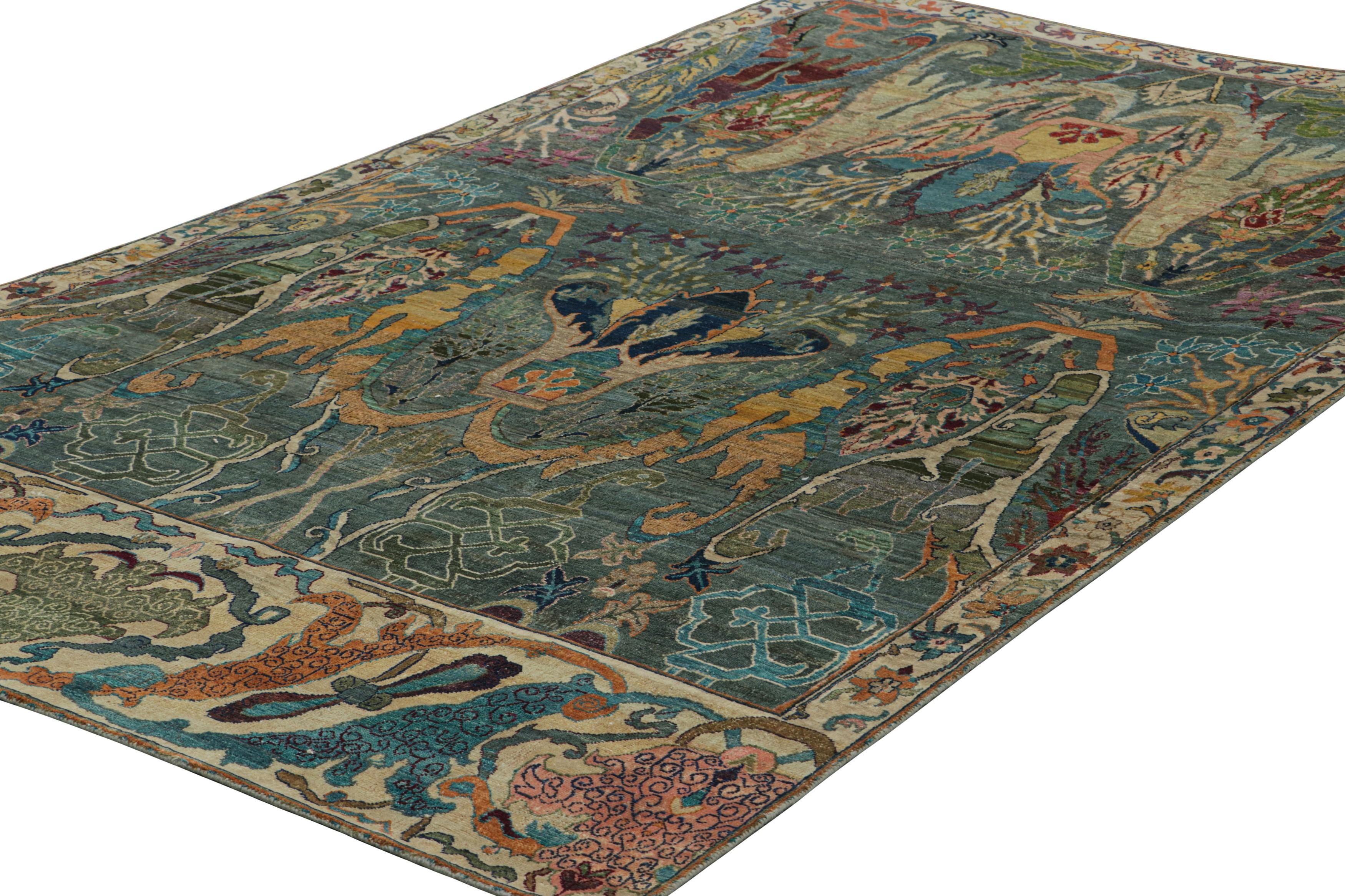 Indian Rug & Kilim’s Persian Style Rug in Teal with Polychromatic Floral Patterns For Sale