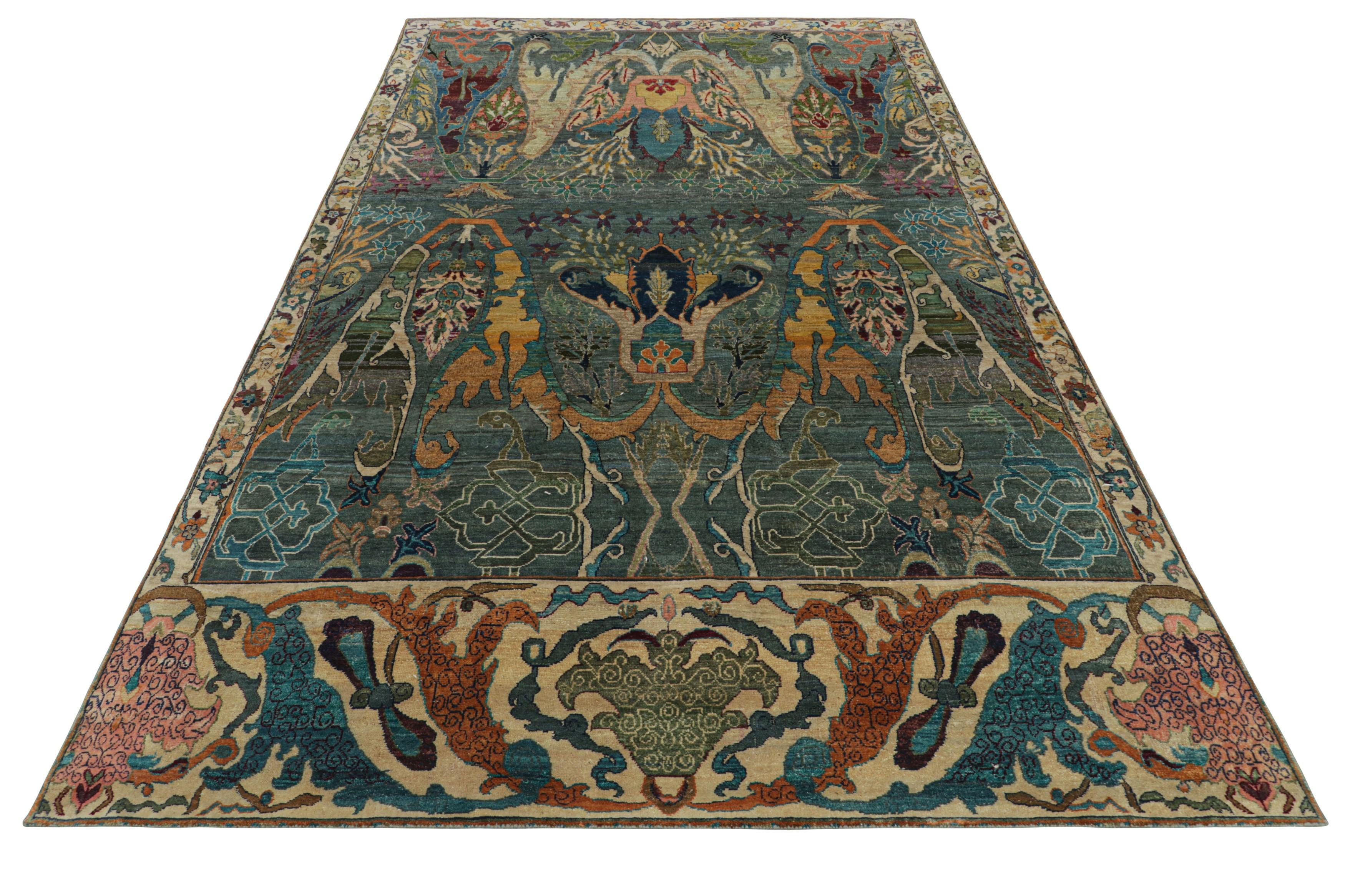 Hand-Knotted Rug & Kilim’s Persian Style Rug in Teal with Polychromatic Floral Patterns For Sale