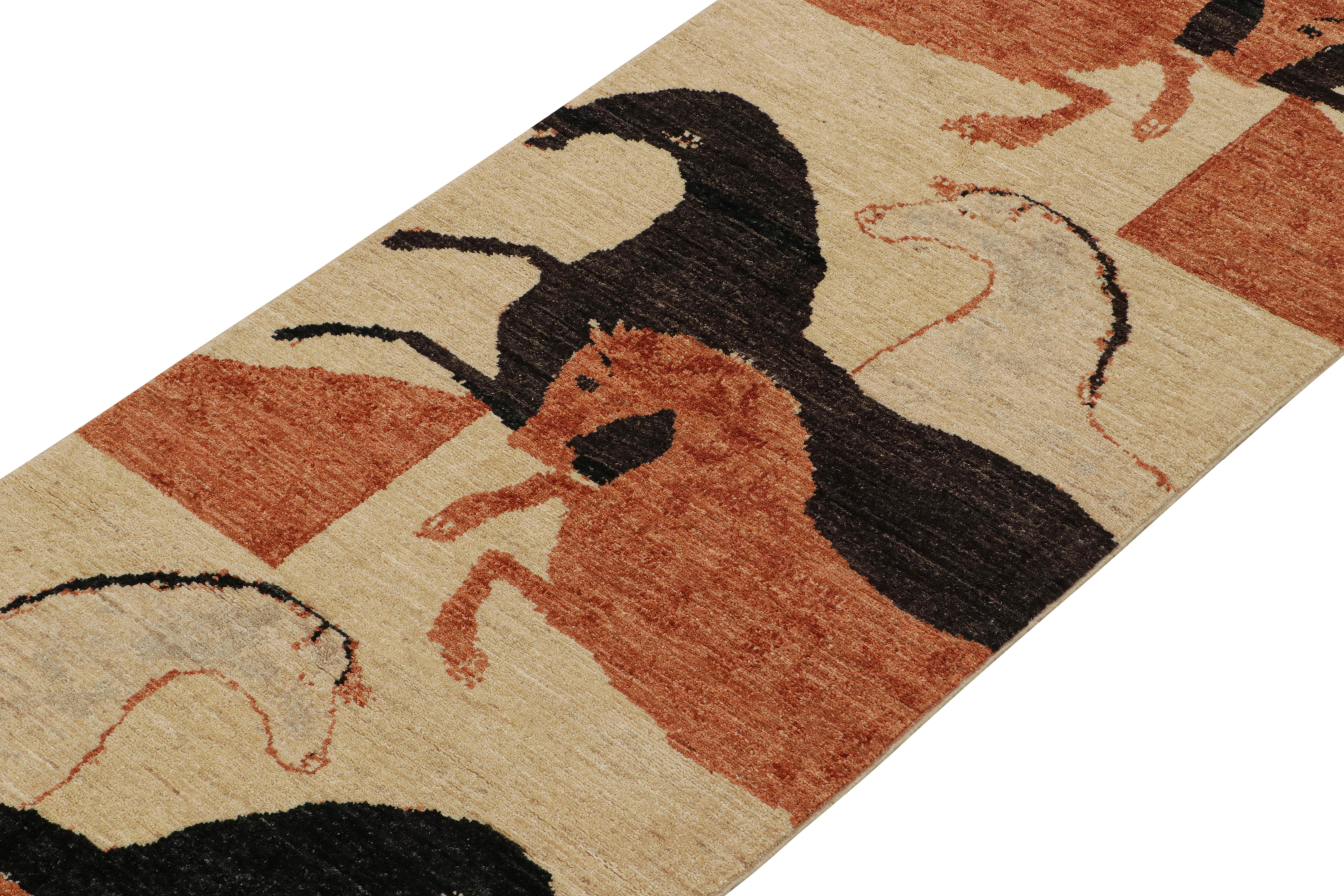 This new addition to Rug & Kilim’s Modern Classics collection is a 3x10 pictorial runner—a contemporary resurrection of one of the most collectible primitivist styles. 

Further on the Design:

Hand-knotted in wool, this piece is inspired by