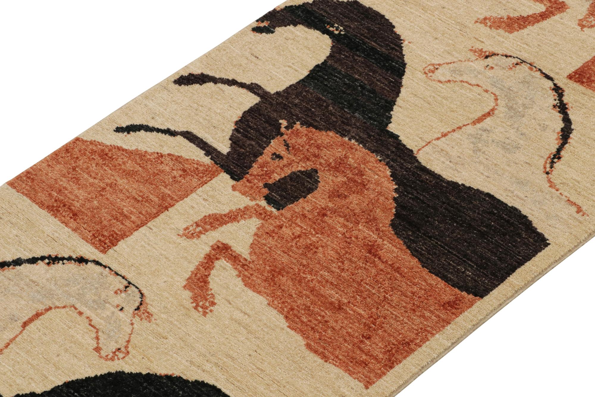 This new addition to Rug & Kilim’s Modern Classics collection is a 3x10 pictorial runner—a contemporary resurrection of one of the most collectible primitivist styles. 

Further on the Design:

Hand-knotted in wool, this piece is inspired by