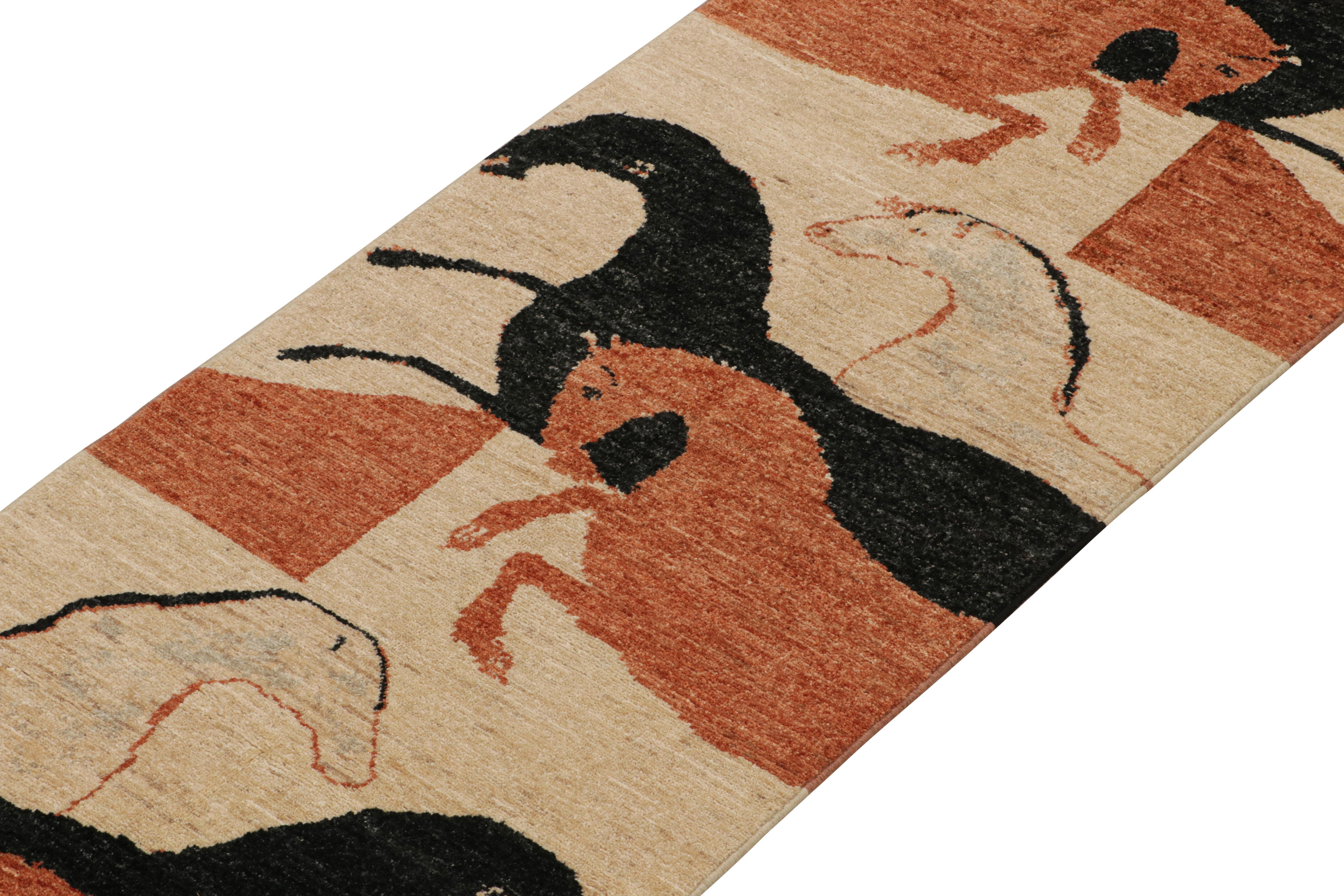 This new addition to Rug & Kilim’s Modern Classics collection is a 3x8 pictorial runner—a contemporary resurrection of one of the most collectible primitivist styles. 

Further on the Design:

Hand-knotted in wool, this piece is inspired by