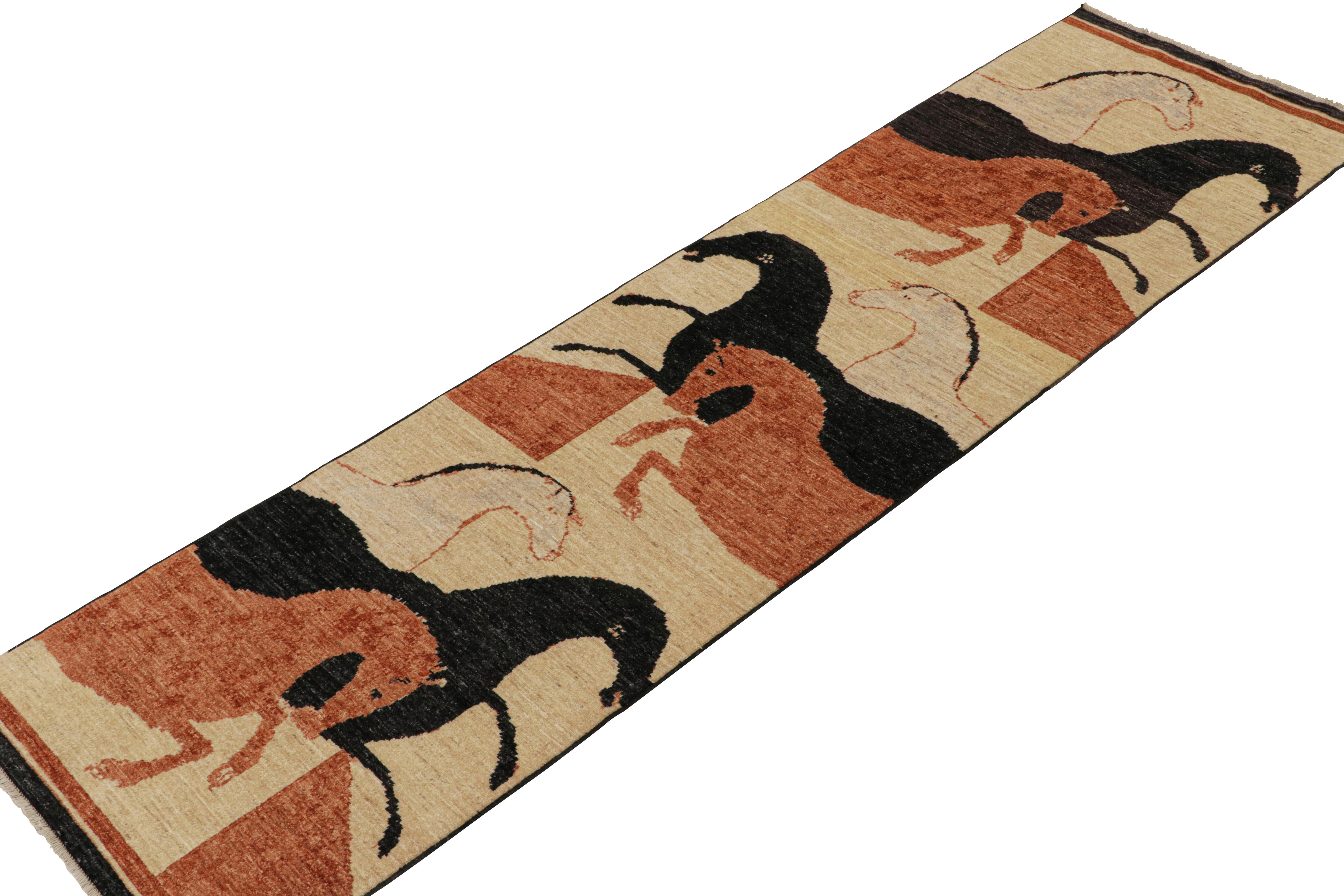 Afghan Rug & Kilim’s Persian Style Runner in Beige with Pink and Black Horse Pictorials en vente