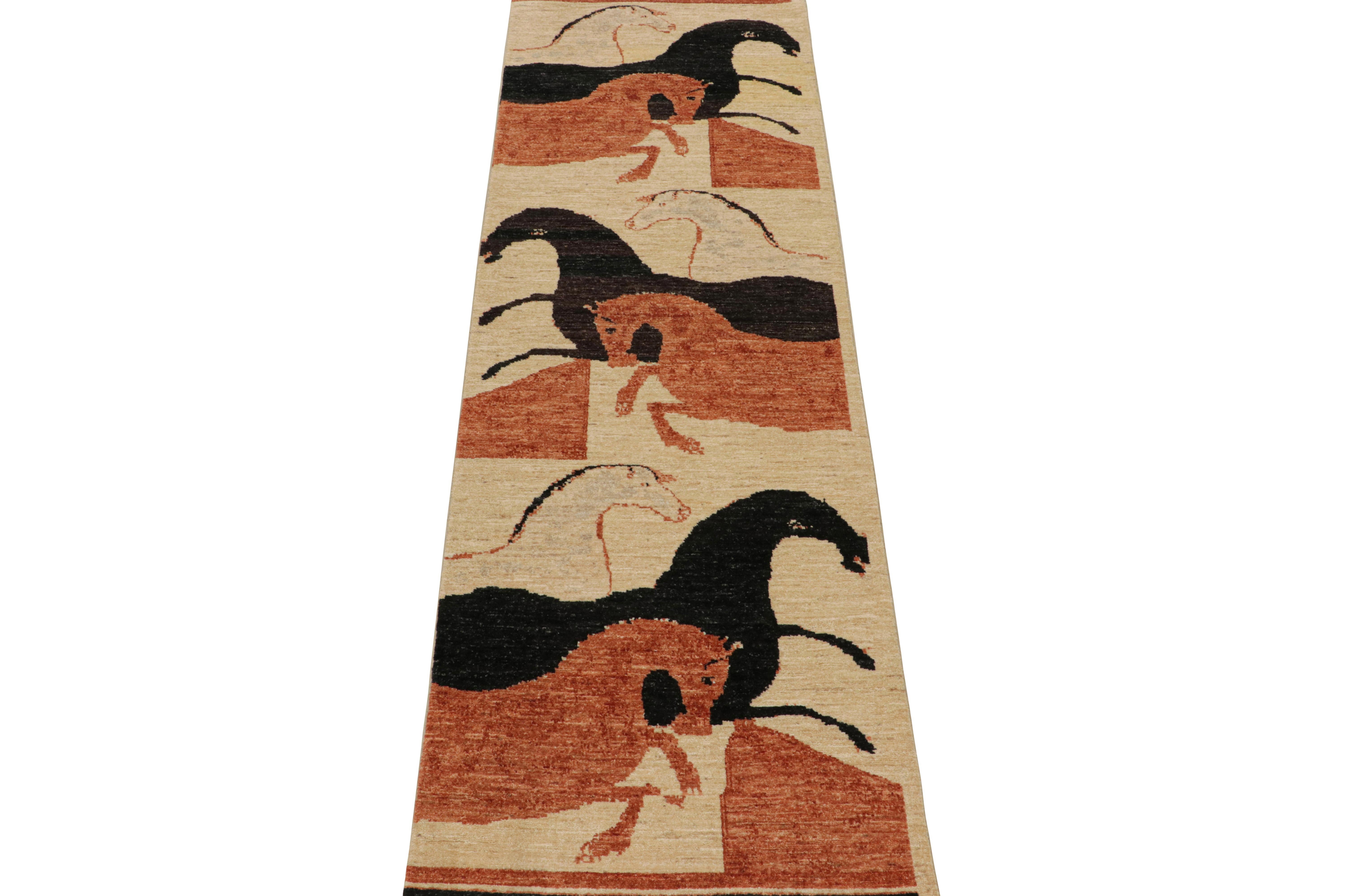 Hand-Knotted Rug & Kilim’s Persian Style Runner in Beige with Pink and Black Horse Pictorials
