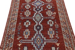Rug & Kilim’s Persian Style Runner Rug in Red with Blue Geometric Medallions
