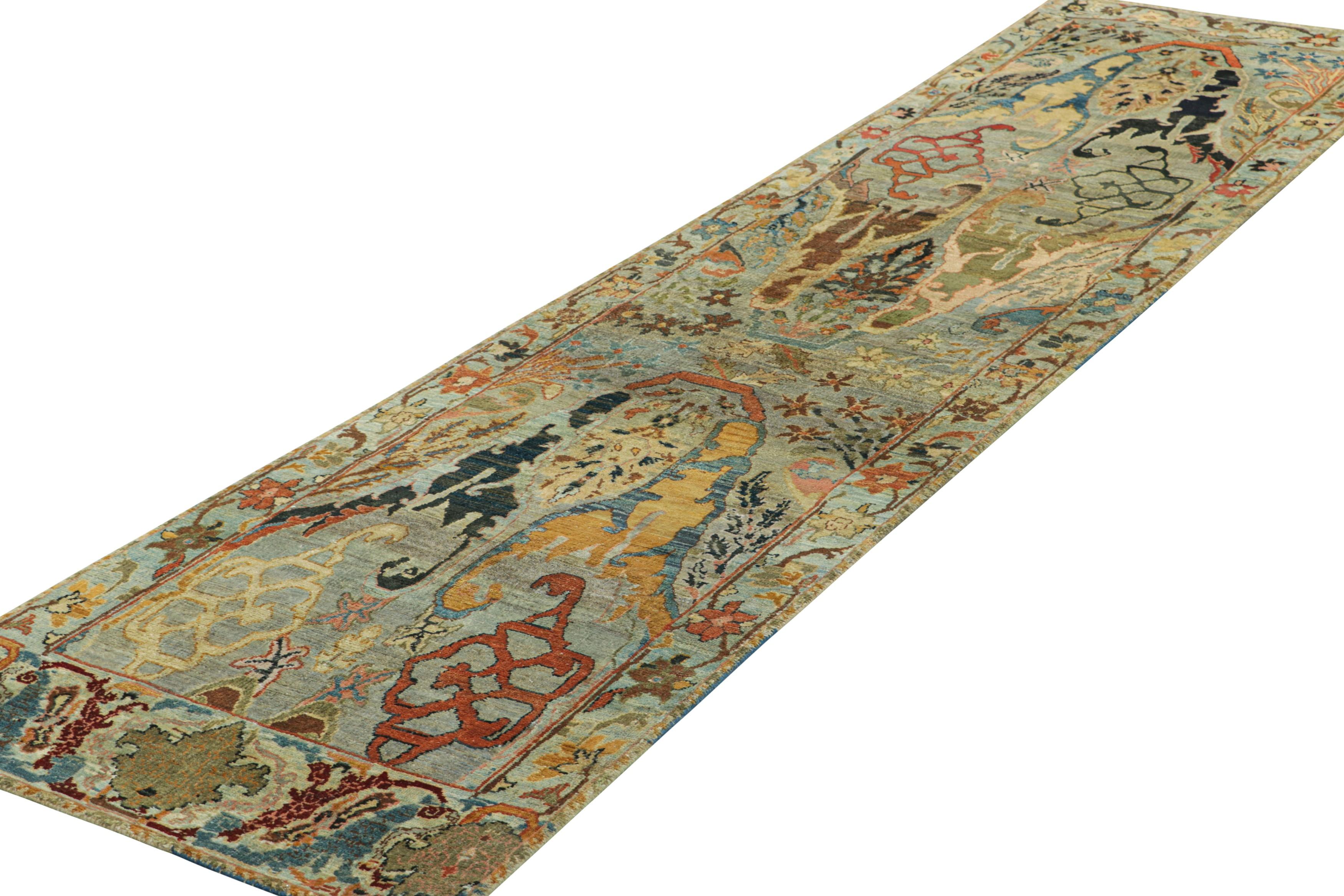 Indian Rug & Kilim’s Persian Style Runner Rug in Taupe with Multicolor Floral Patterns For Sale