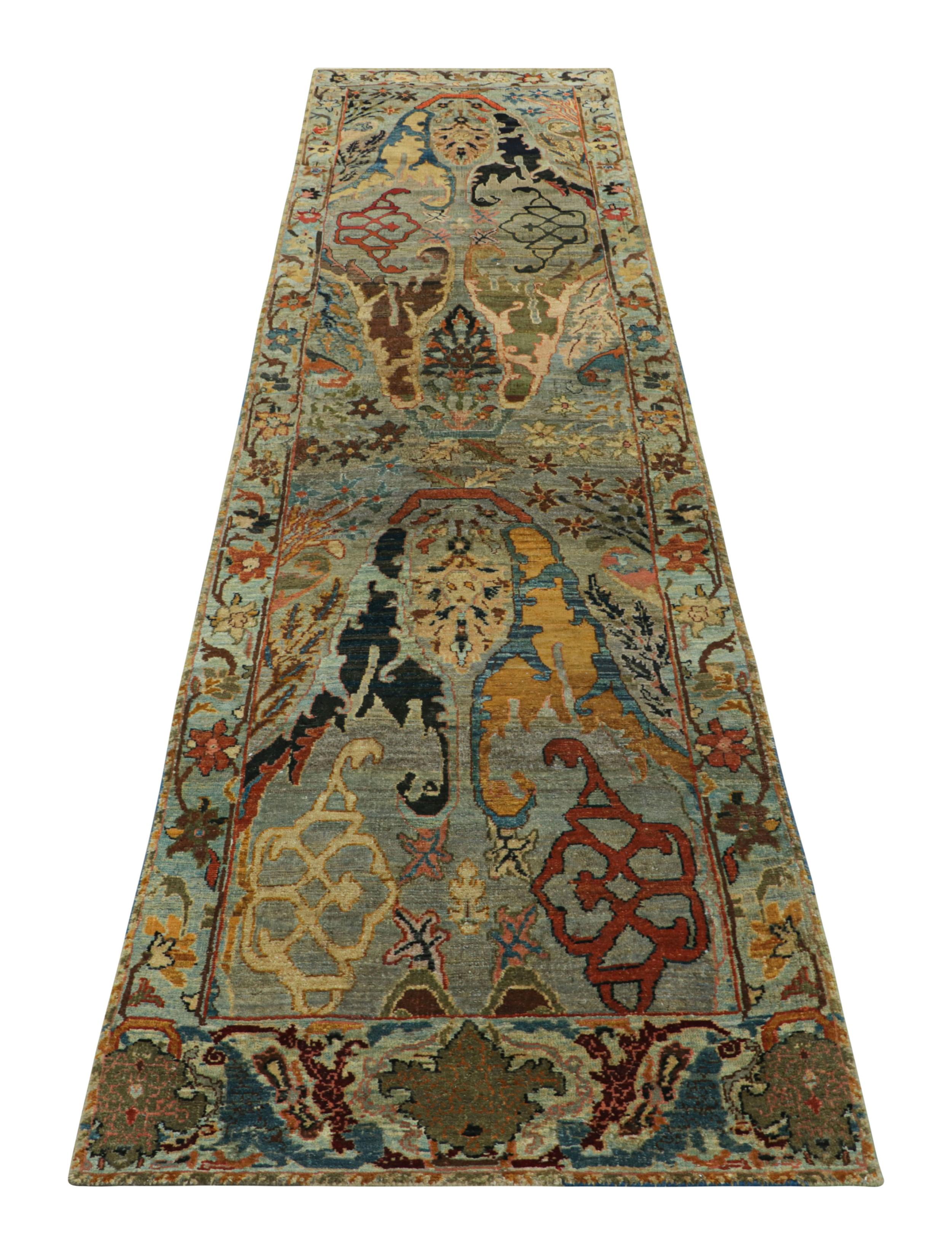 Hand-Knotted Rug & Kilim’s Persian Style Runner Rug in Taupe with Multicolor Floral Patterns For Sale