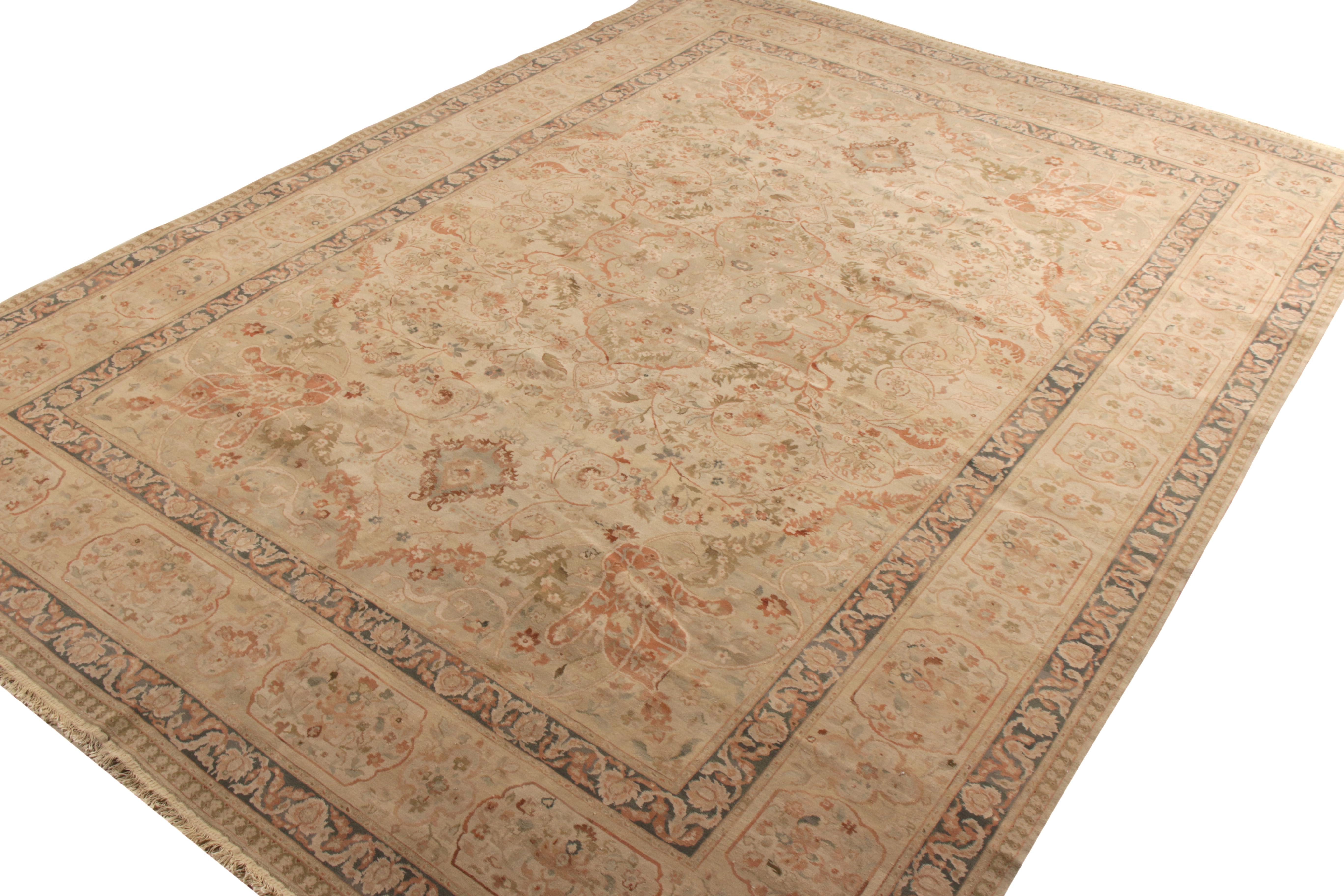Chinese Rug & Kilim’s Persian Tabriz Style Rug in Beige-Brown, Pink Floral Pattern For Sale