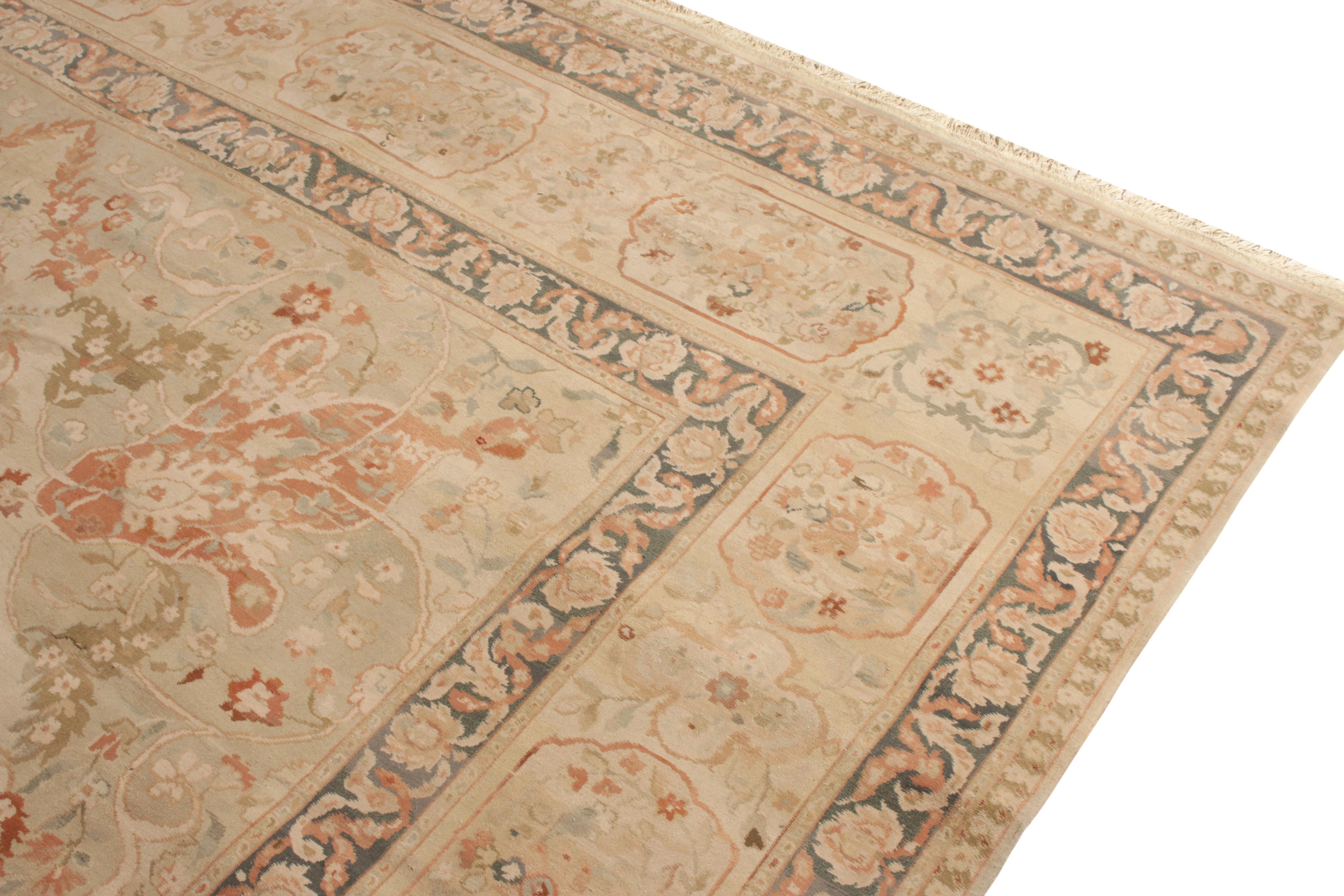 Hand-Knotted Rug & Kilim’s Persian Tabriz Style Rug in Beige-Brown, Pink Floral Pattern For Sale