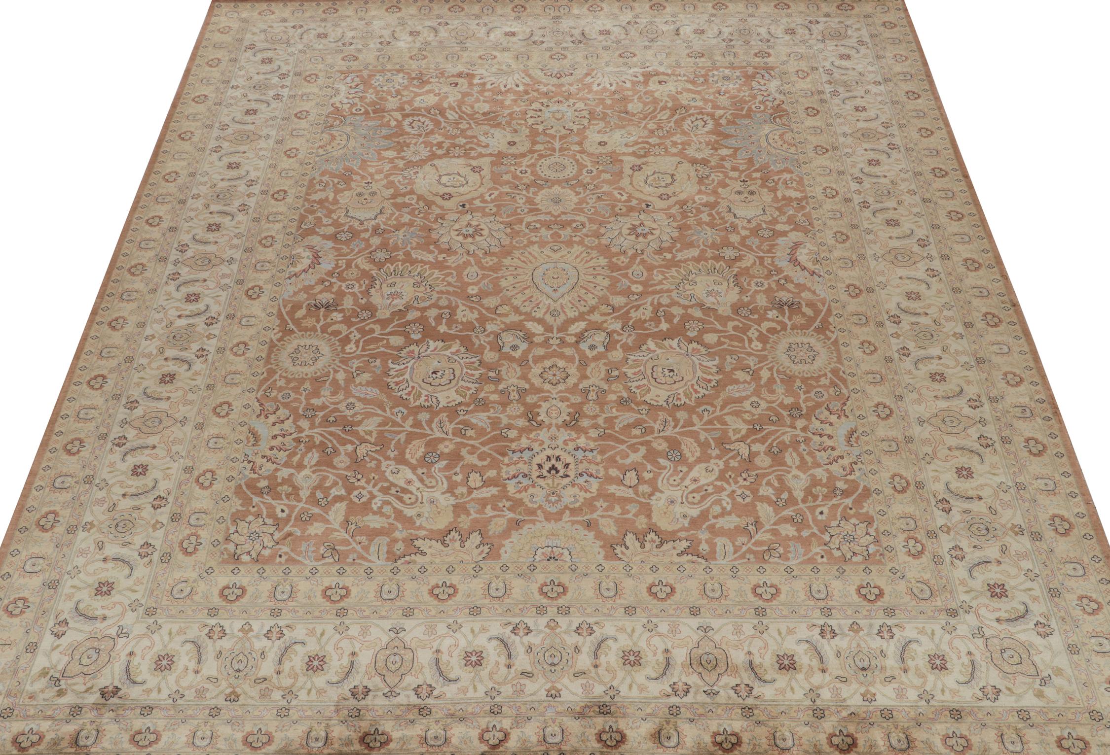 Indian Rug & Kilim’s Persian Tabriz Style Rug in Rust, Brown and Blue Floral Pattern For Sale