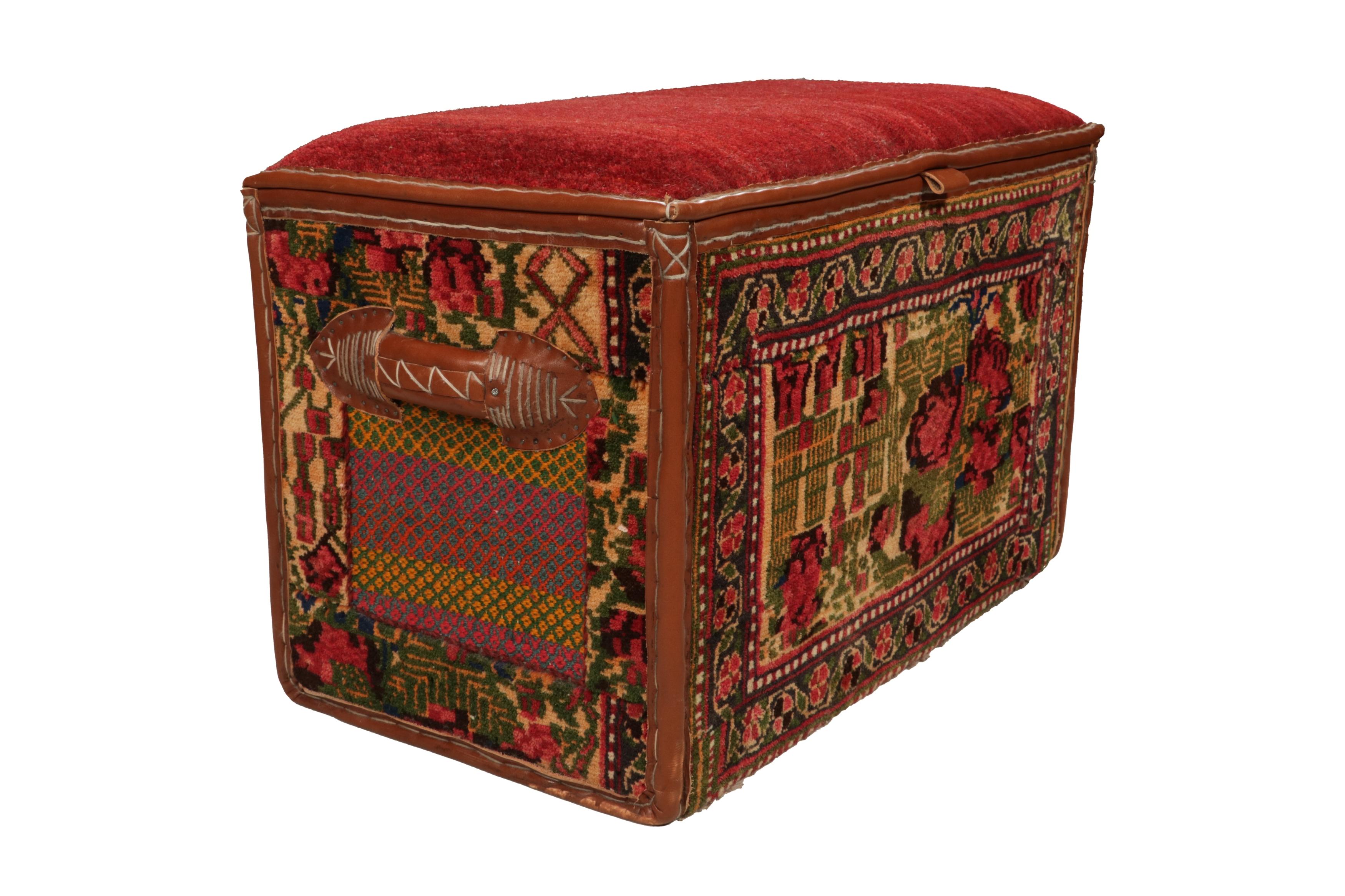 This storage chest is a collectible item in a rare new series from Rug & Kilim’s Modern Classics. 

Further on the Design:

Keen eyes will note that all four sides employ recycled vintage Persian tribal rugs in hand-knotted wool. The base is wood,