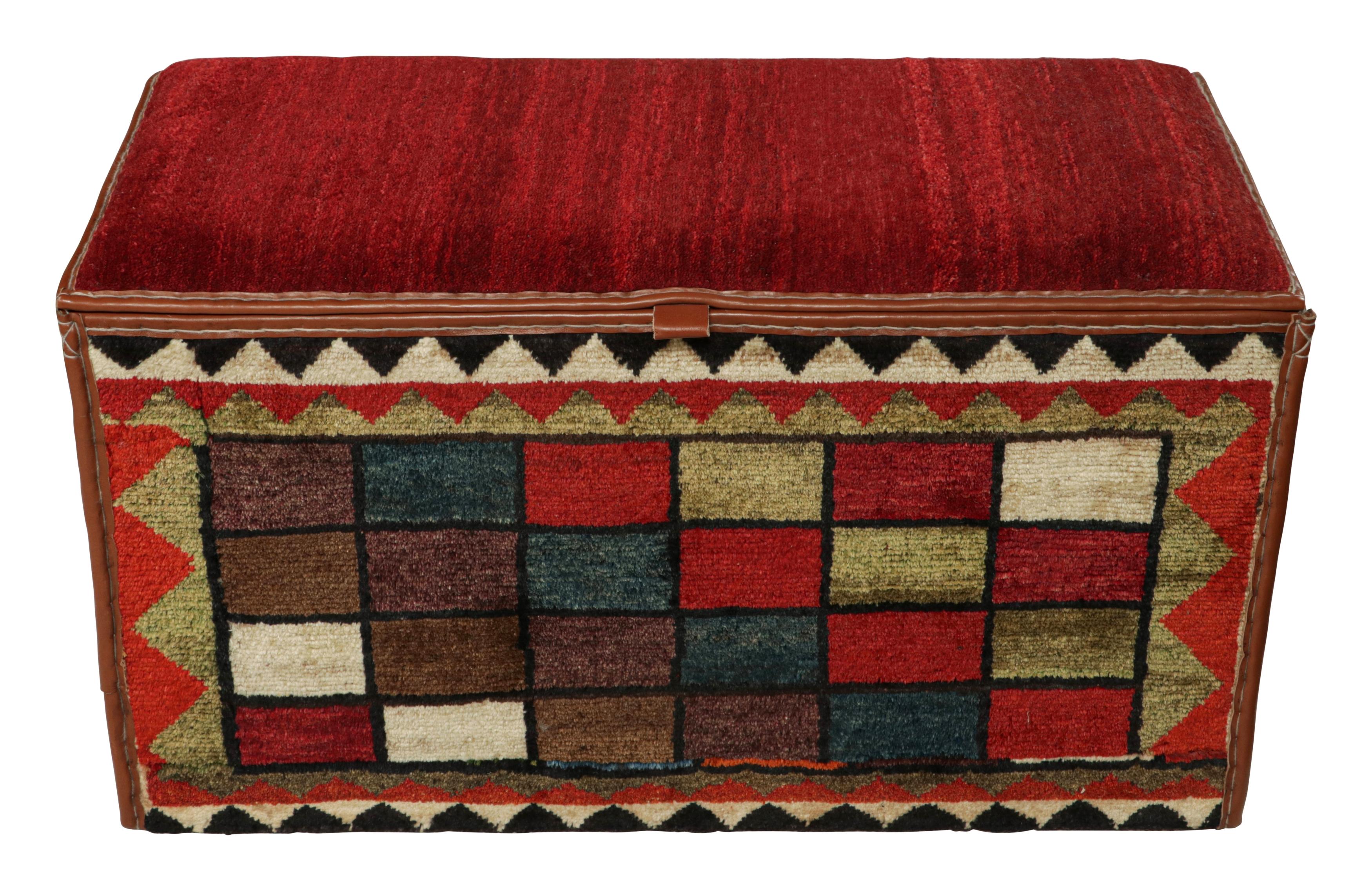 This storage chest is a collectible item in a rare new series from Rug & Kilim’s Modern Classics.
Further on the Design:

Keen eyes will note that all four sides employ recycled vintage Persian tribal rugs in hand-knotted wool. The base is wood, and