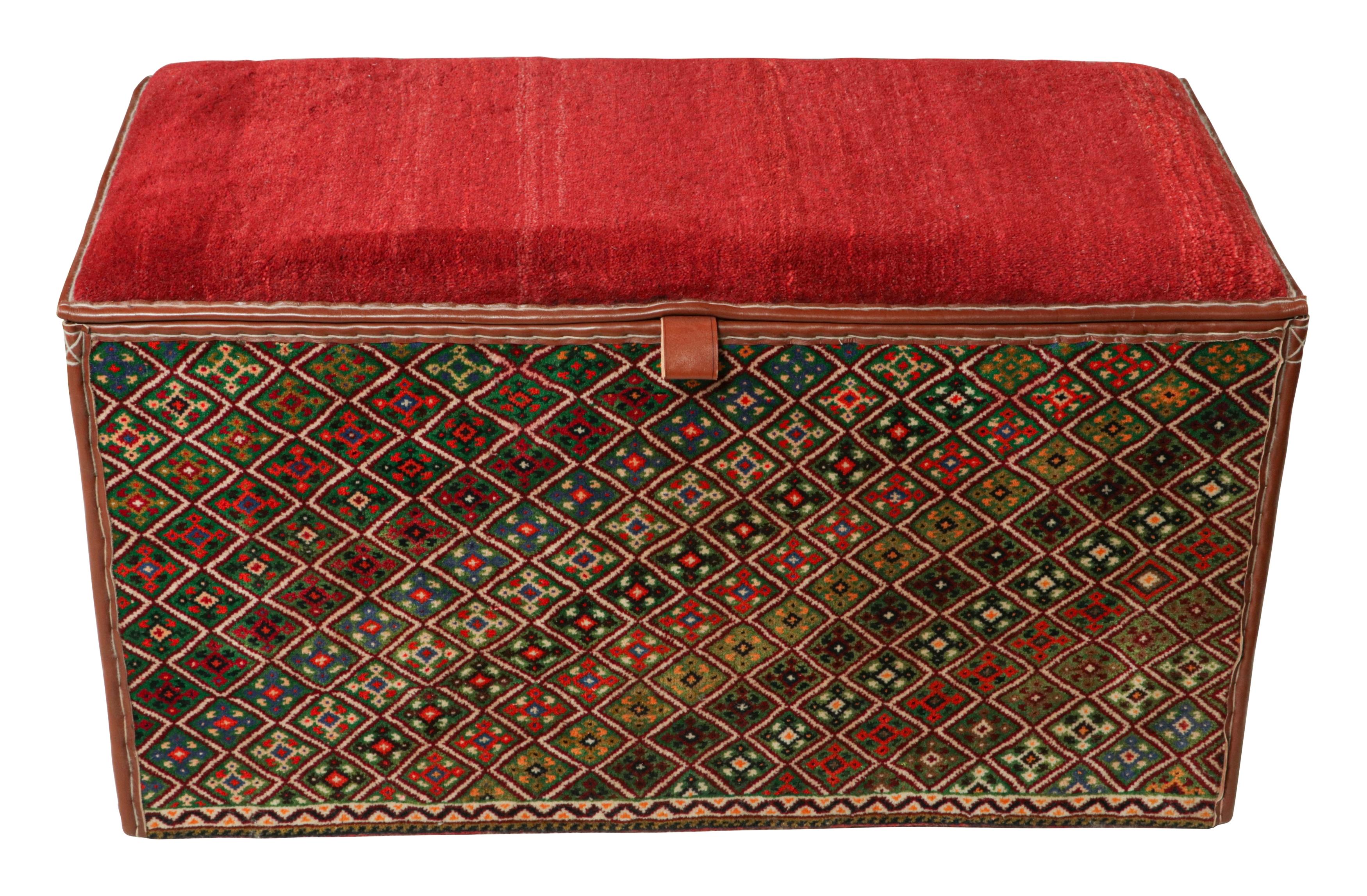 This storage chest is a collectible item in a rare new series from Rug & Kilim’s Modern Classics. 

Further on the Design:

Keen eyes will note that all four sides employ recycled vintage Persian tribal rugs in hand-knotted wool. The base is wood,