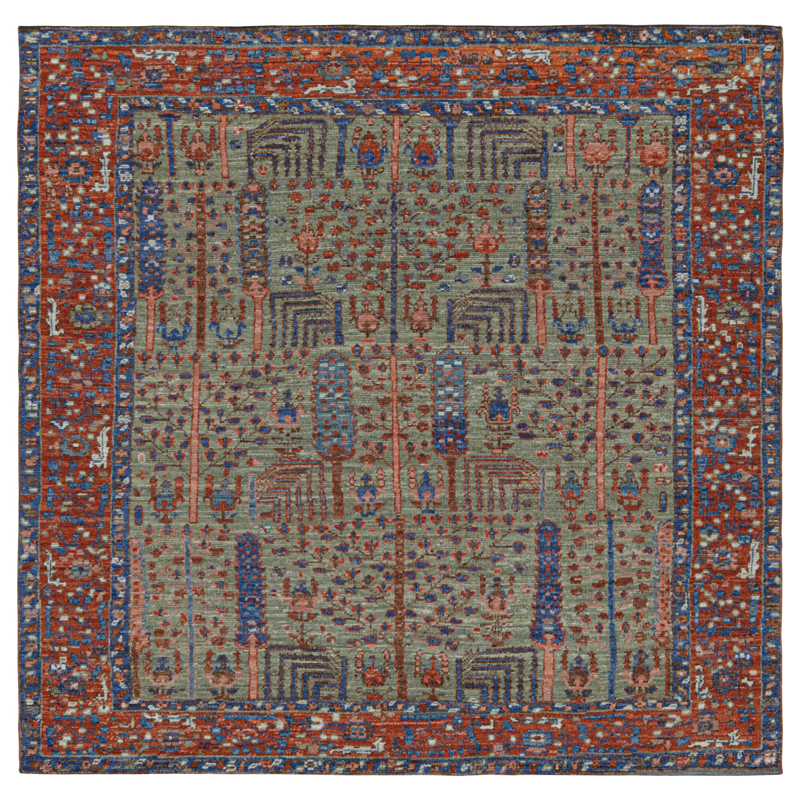Rug & Kilim - Tappeto quadrato persiano in stile tribale in verde con motivi floreali in vendita