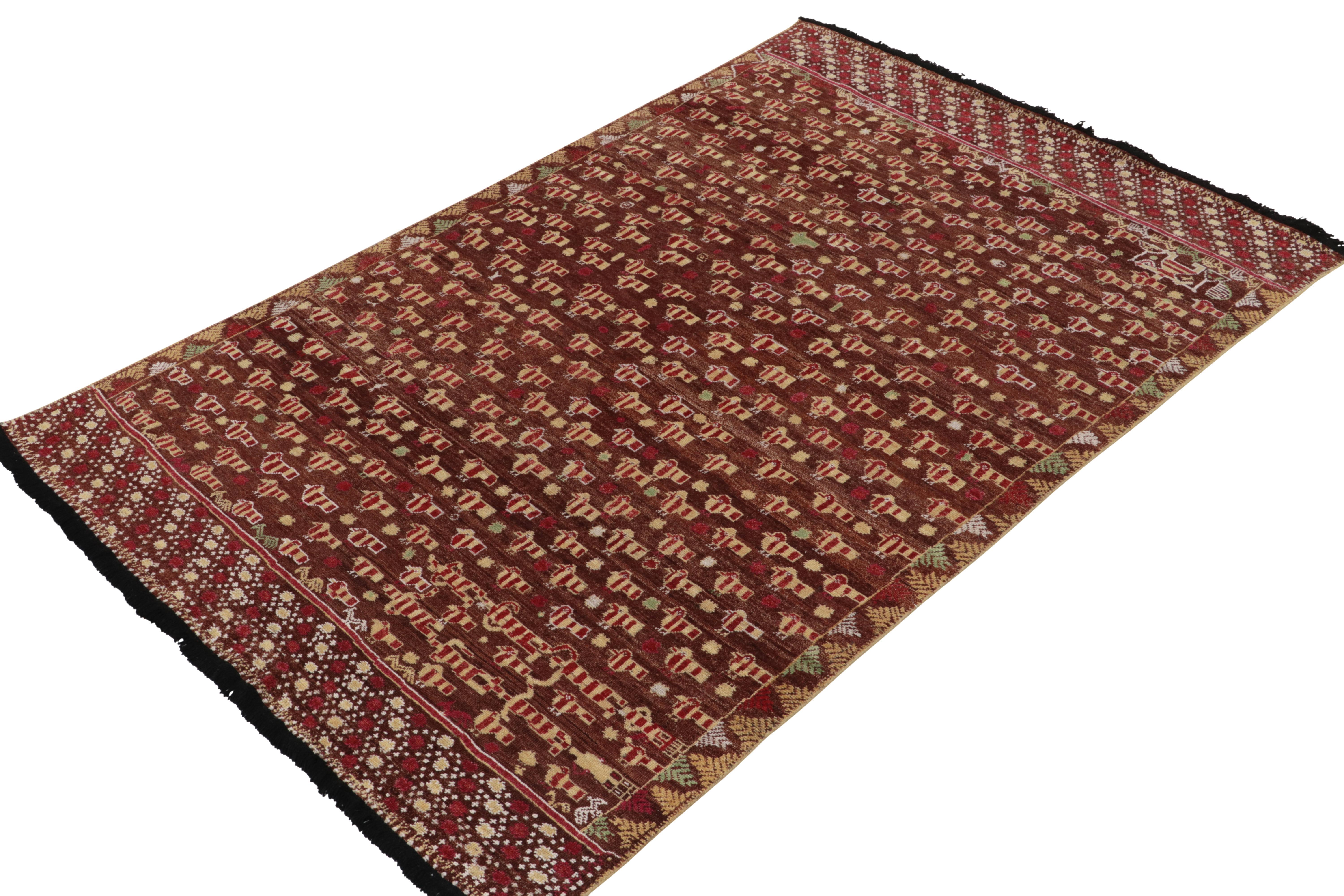 Tribal Rug & Kilim's Phulkari Style rug in Red, Brown, Beige Pictorial Pattern For Sale