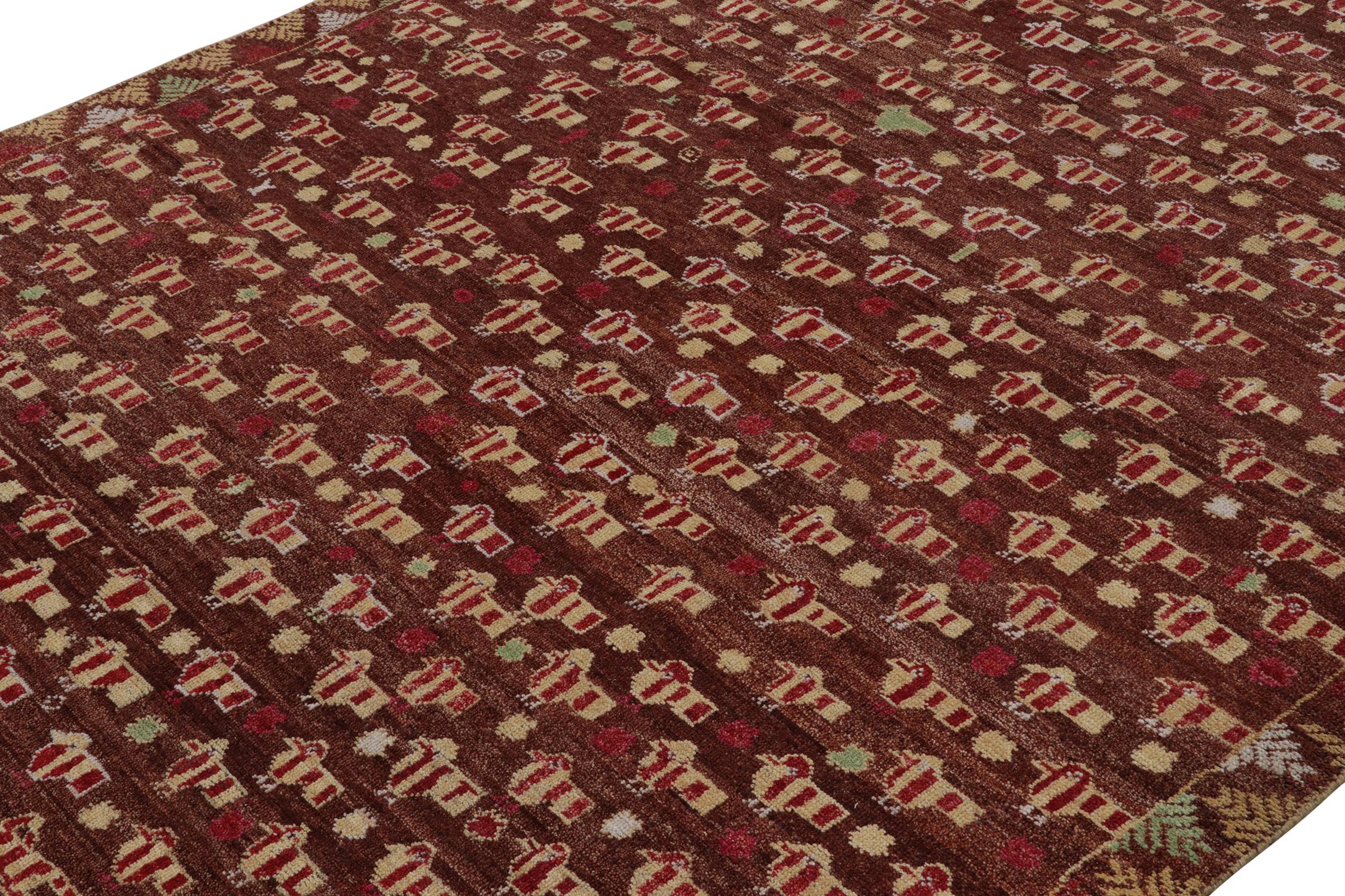 Indian Rug & Kilim's Phulkari Style rug in Red, Brown, Beige Pictorial Pattern For Sale