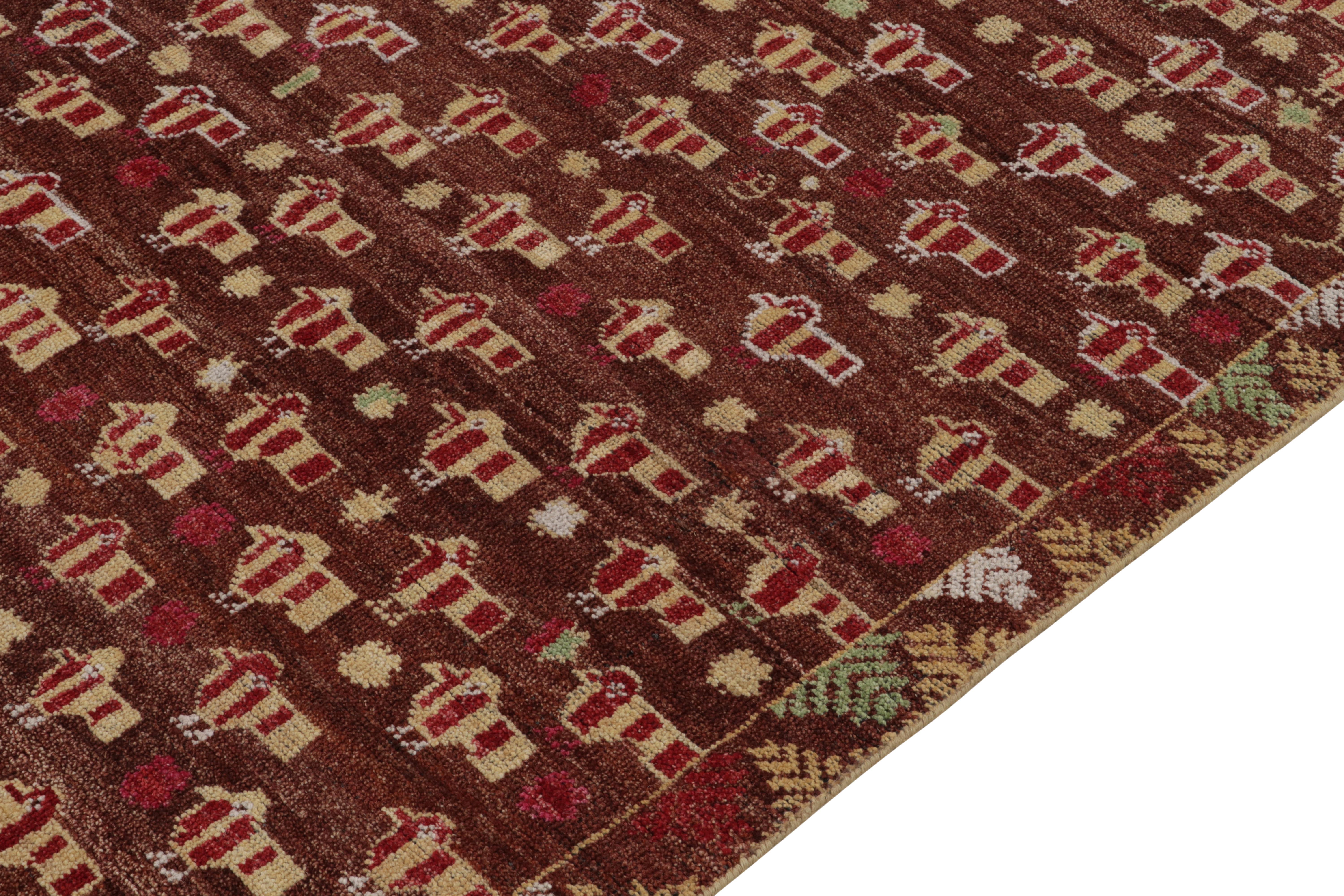 Hand-Knotted Rug & Kilim's Phulkari Style rug in Red, Brown, Beige Pictorial Pattern For Sale