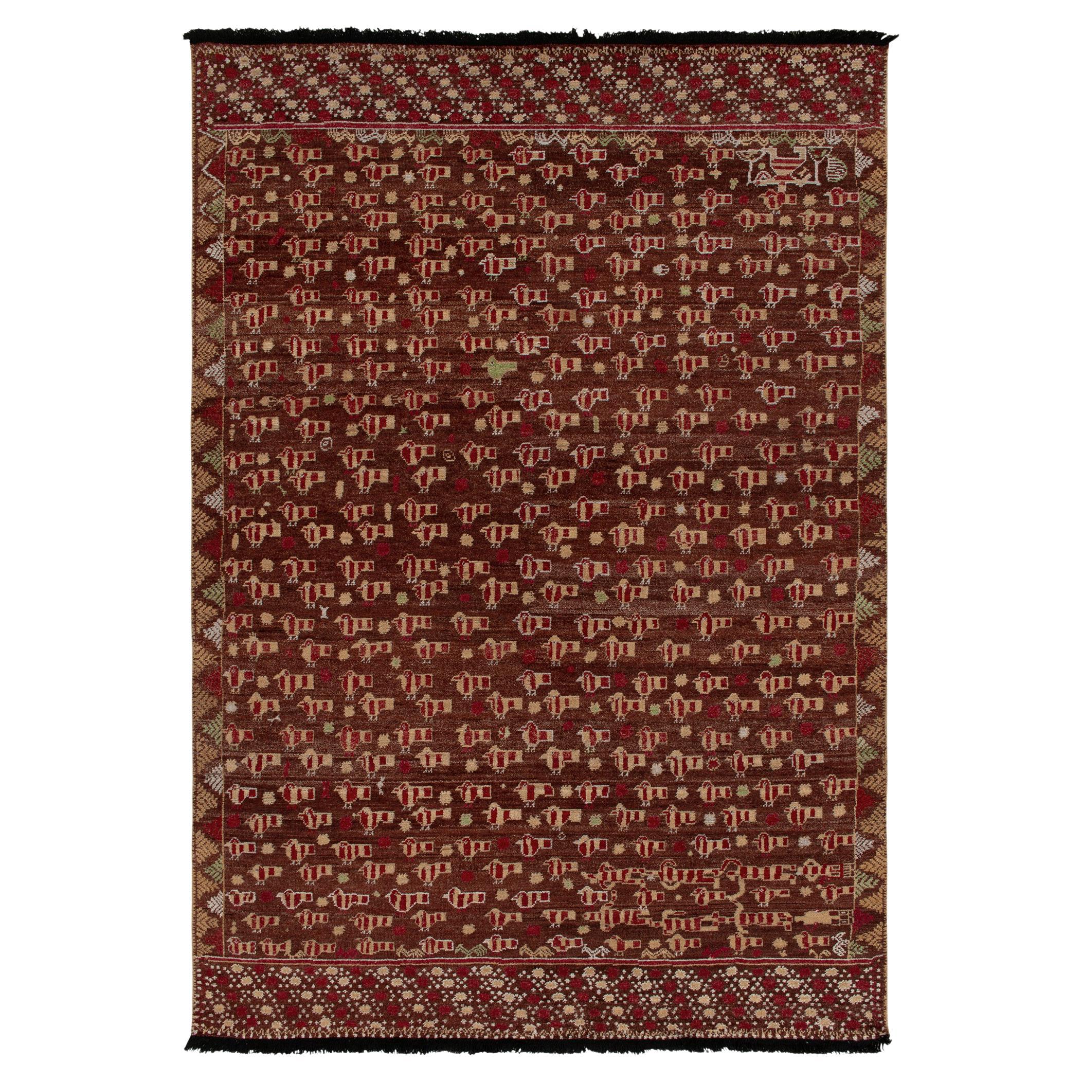 Rug & Kilim's Phulkari Style rug in Red, Brown, Beige Pictorial Pattern (tapis de style Phulkari en rouge, brun et beige)