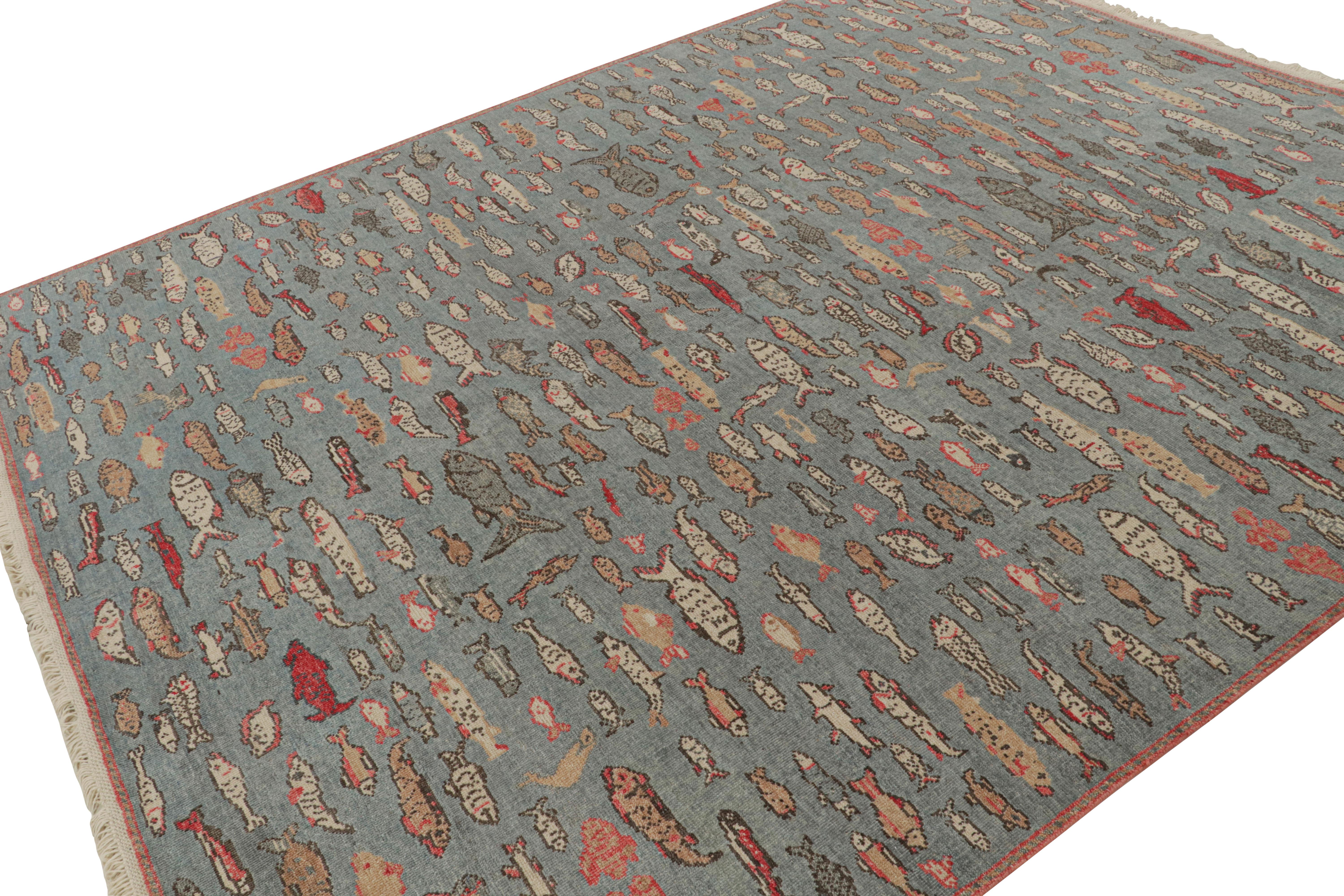 Hand knotted in Ghazni wool, this 8x10 rug is from Rug & Kilim’s Burano collection.

On the Design: 

Particularly inspired by mid-century modern pictorial art, namely a 1950s illustration of colorful fishes against an ocean blue field meant to