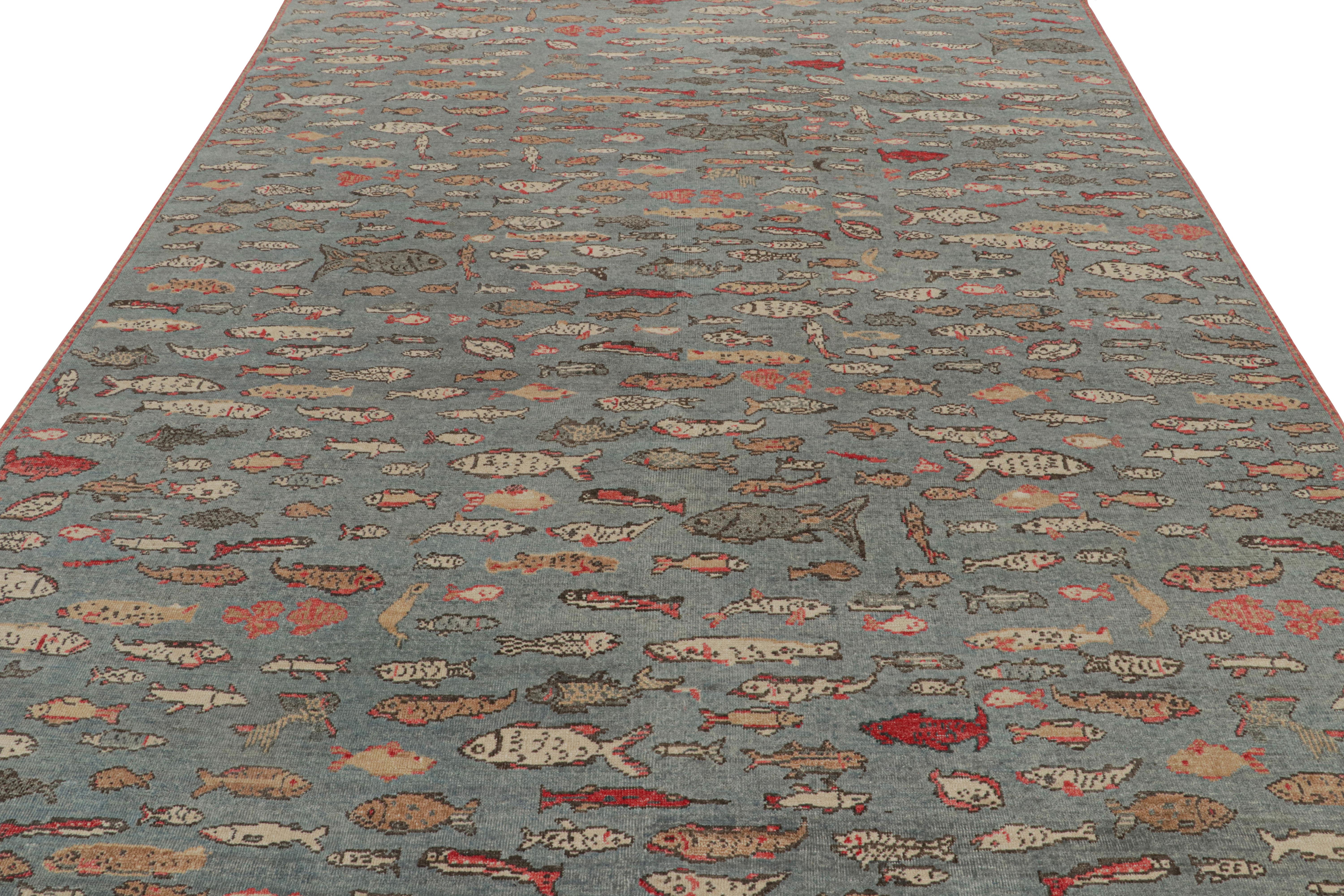 Modern Rug & Kilim’s Pictorial Art Rug in Blue with Fish Illustrations For Sale
