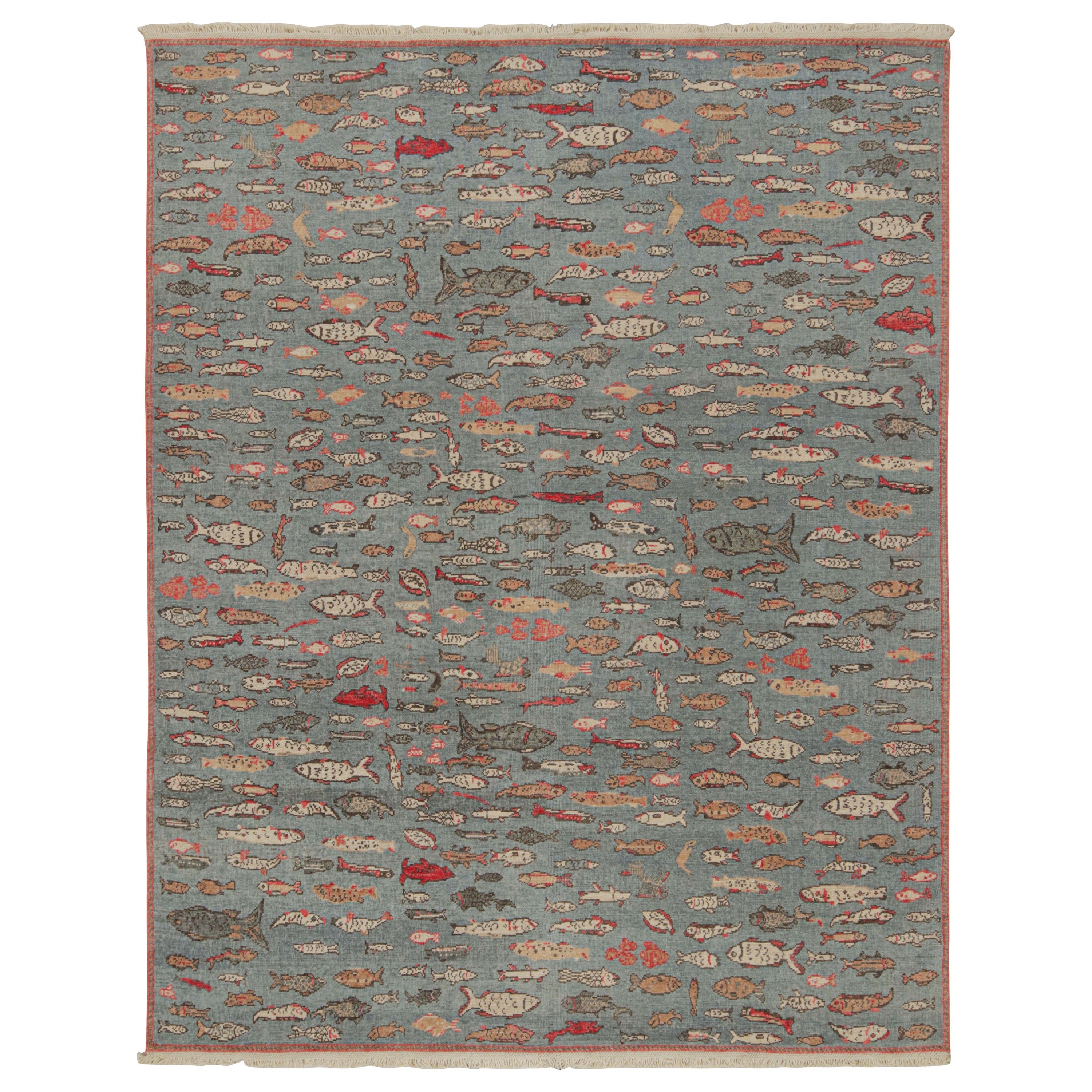 Rug & Kilim's Kunstteppich in Blau mit Fischillustrationen