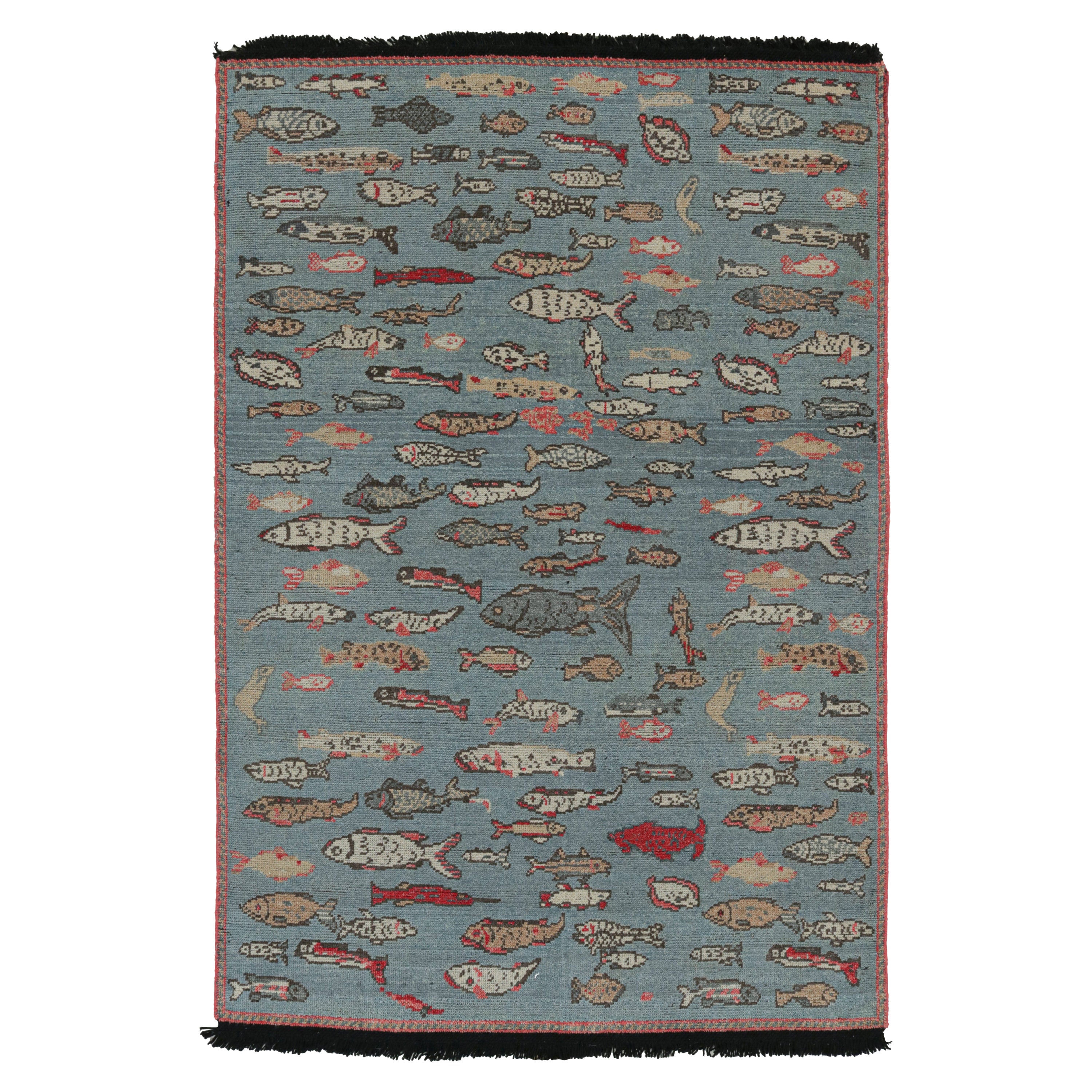 Rug 
Kilim
s Kunstteppich in Blau mit Fischillustrationen