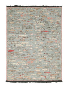 Rug & Kilim’s Pictorial Art Rug in Blue with Polychromatic Fish Illustrations