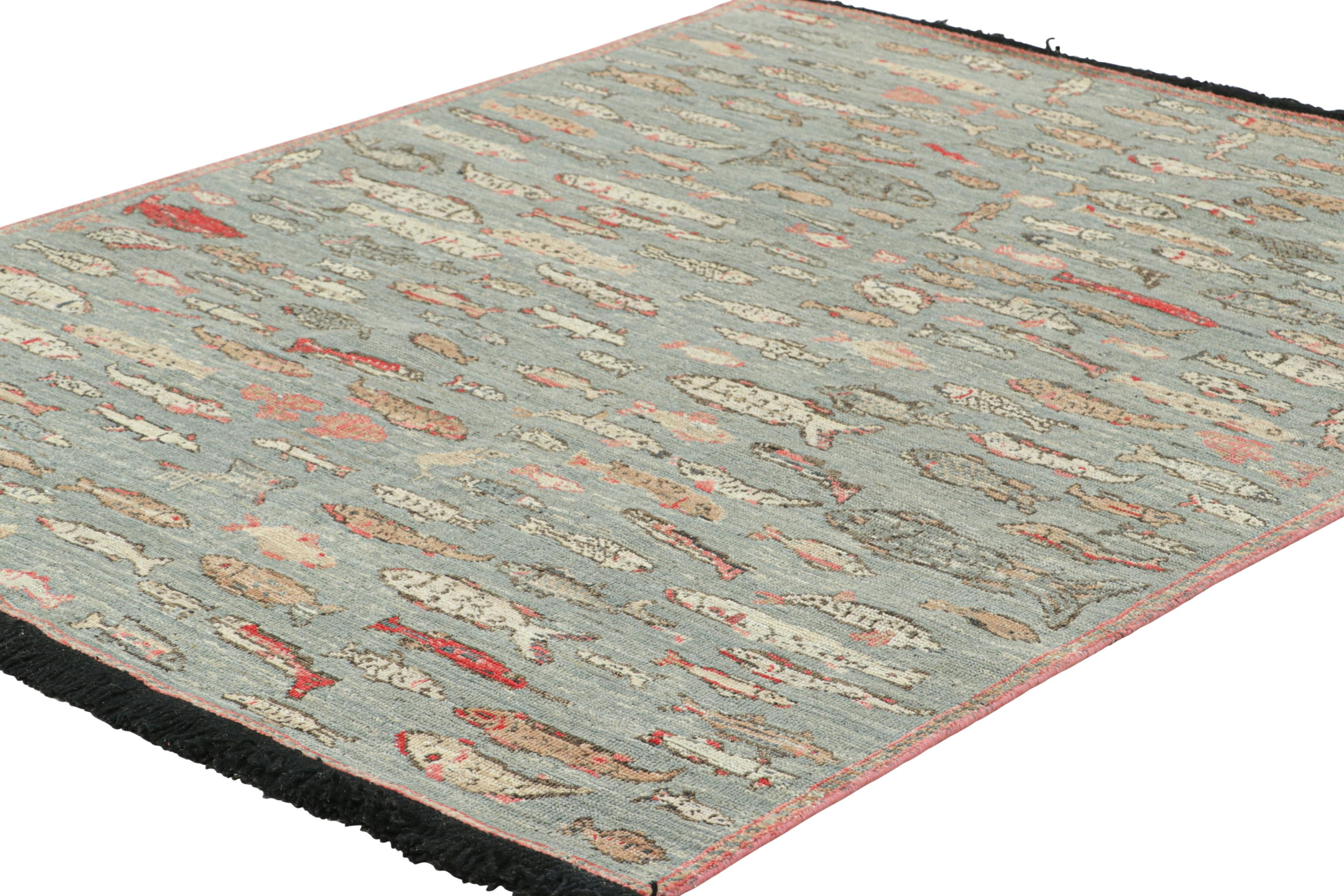 Modern Rug & Kilim’s Pictorial Art Rug in Blue with Polychromatic Fish Illustrations For Sale