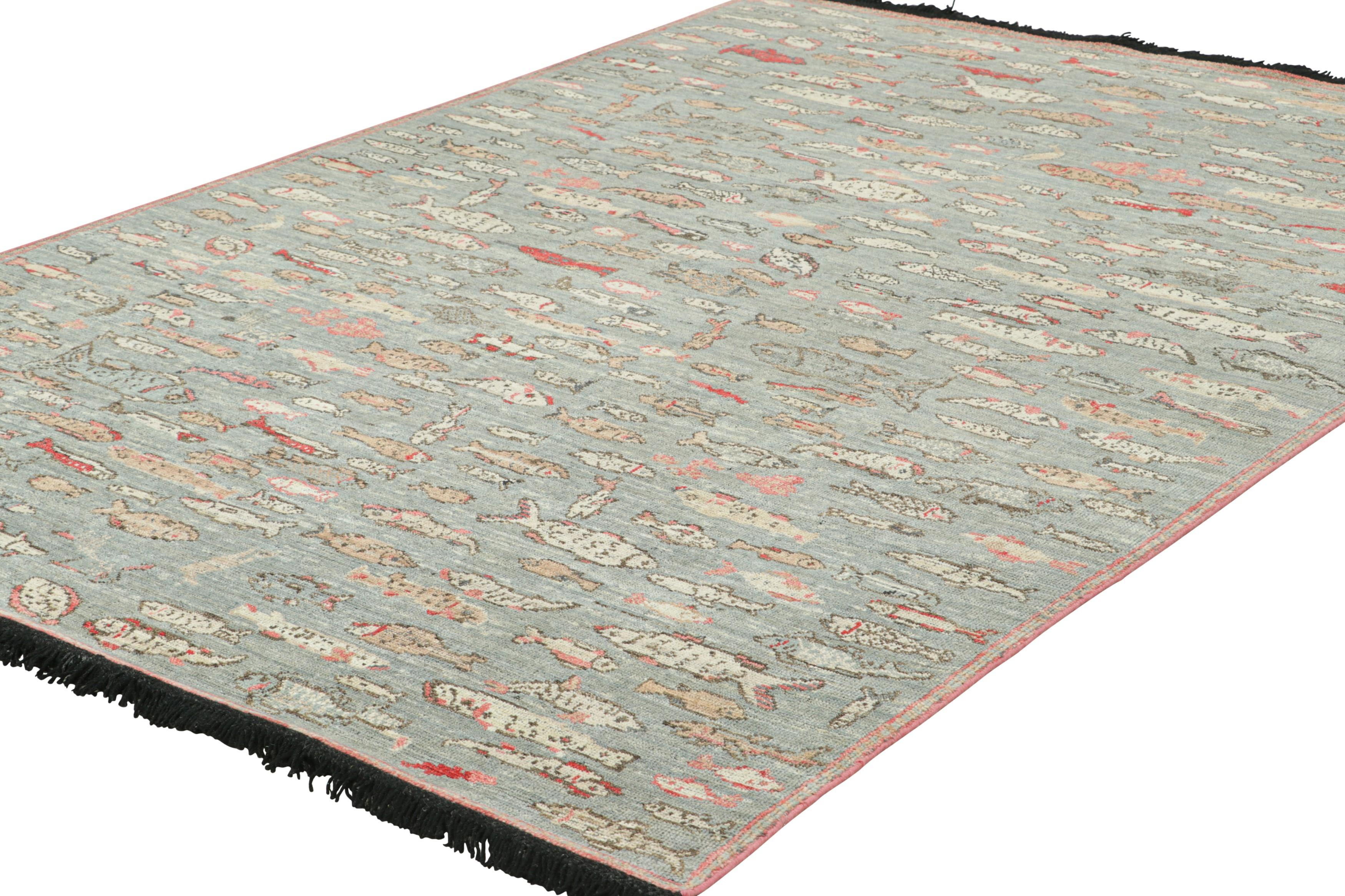 Modern Rug & Kilim’s Pictorial Art Rug in Blue with Polychromatic Fish Illustrations For Sale